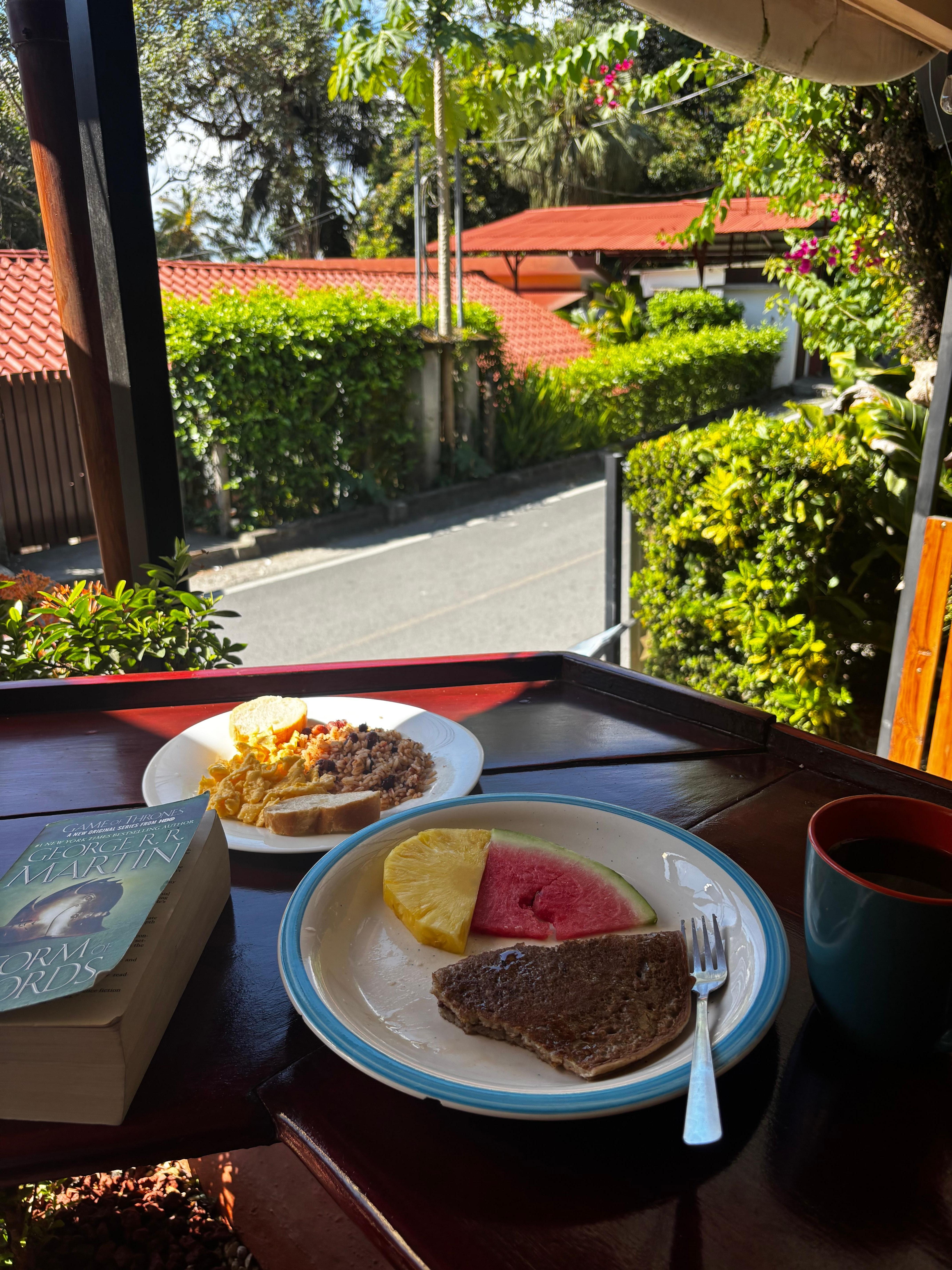 The included breakfast! Fruit, pancake, rice, beans, bread, and eggs. 
