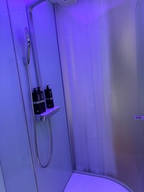 Shower is directly across from toilet.