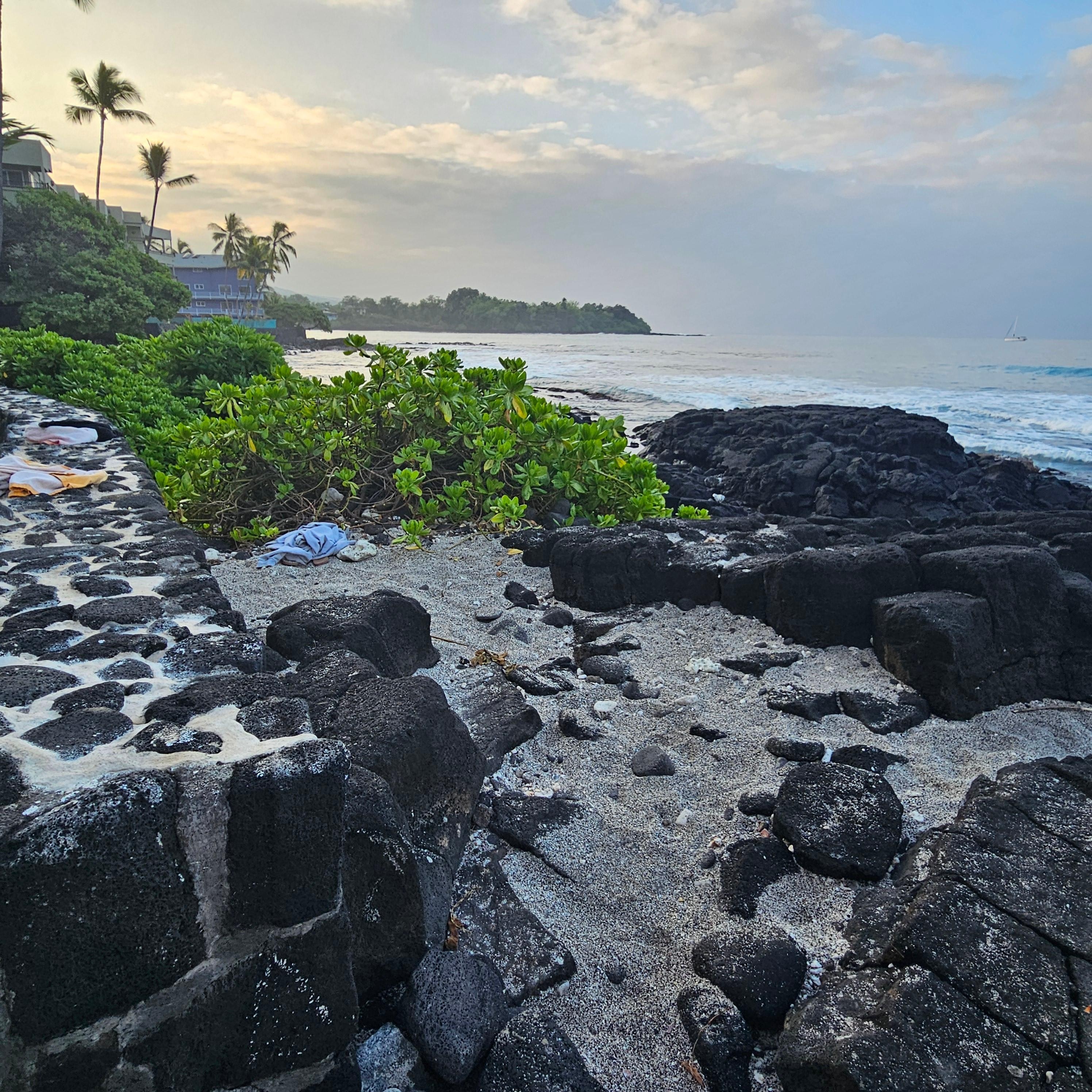 Edge of beach with lots of surfing daily.
