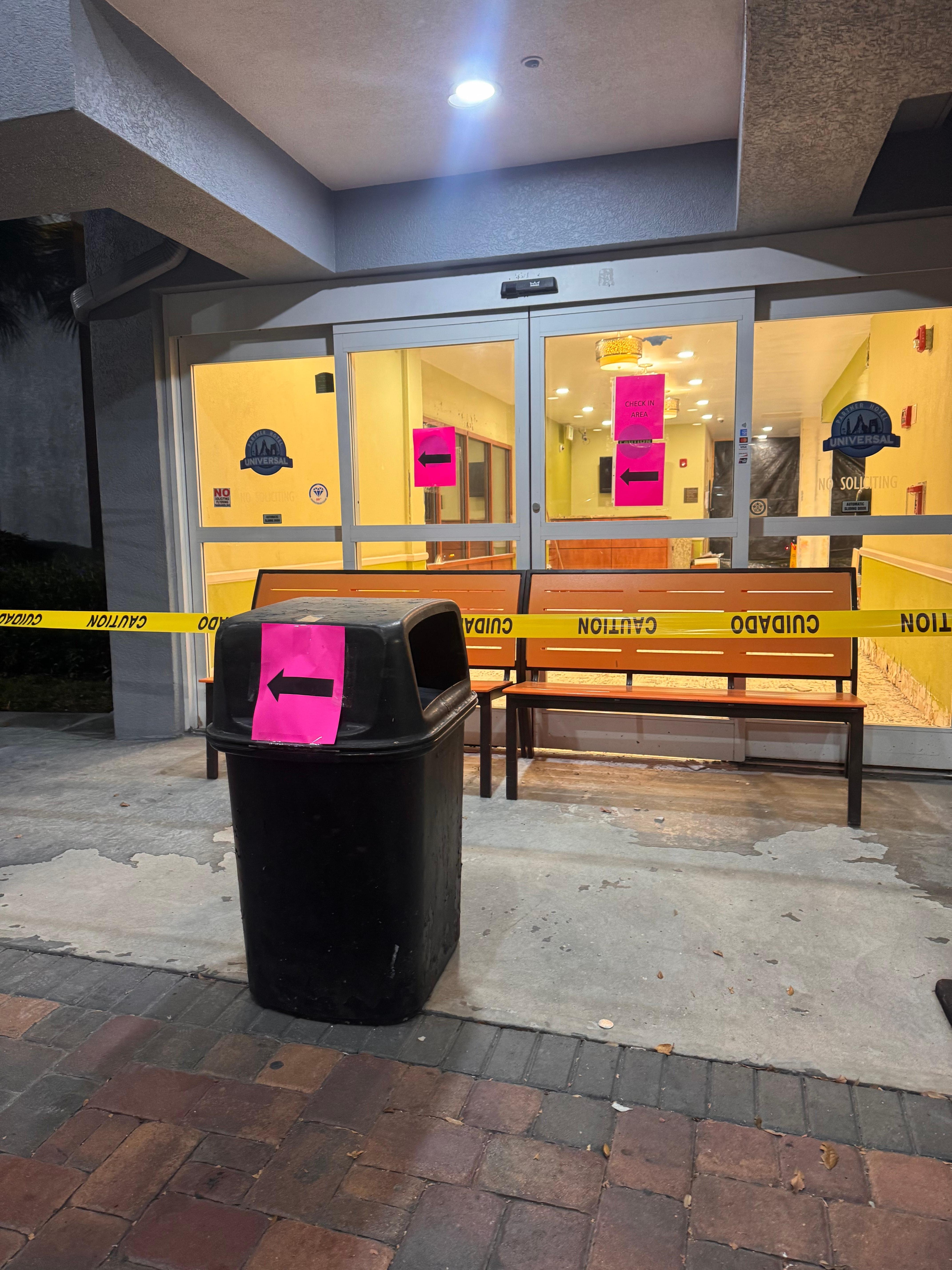 The main lobby area closed, which has the main elevators. The entrance was at the far side of the building with no elevator access. 