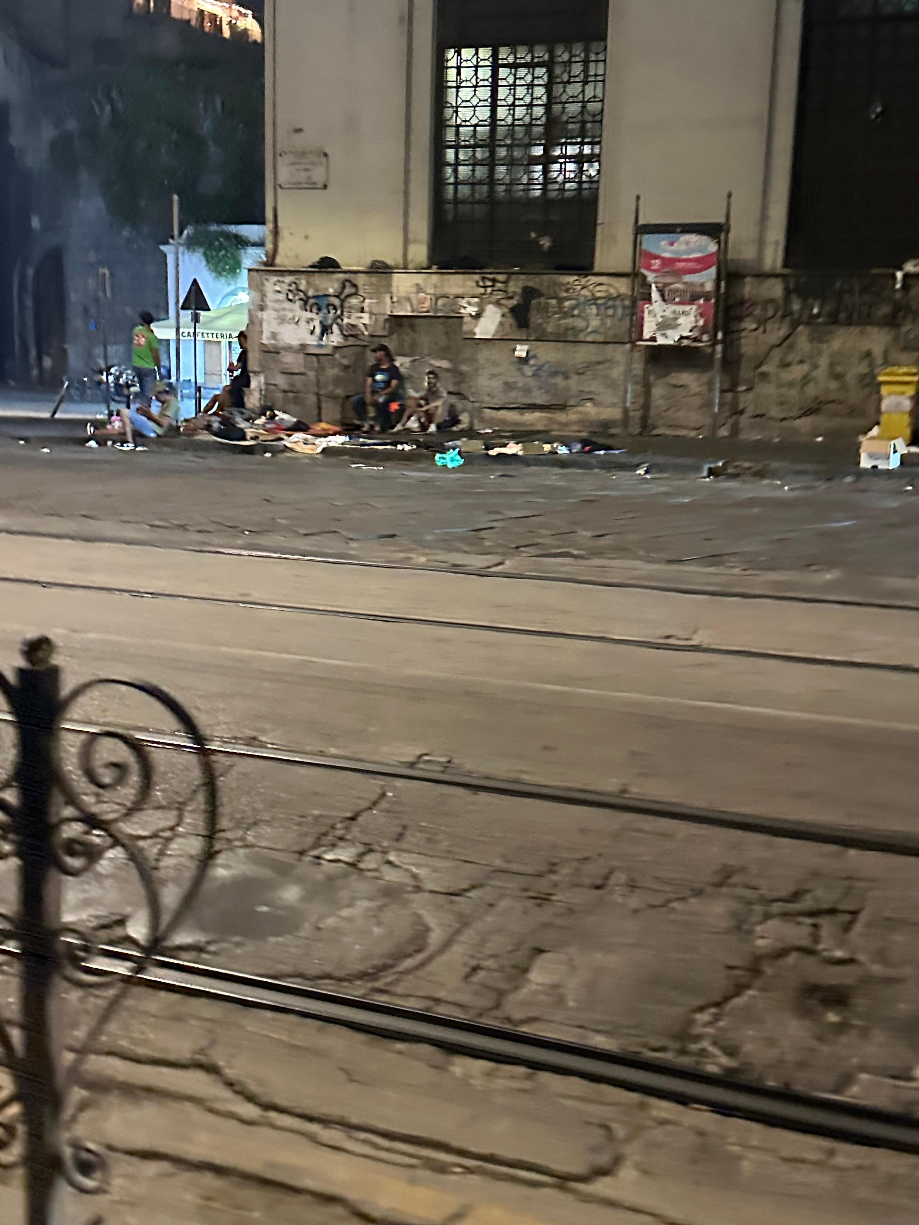 Outside hotel in Naples, rubbish everywhere and lots of homeless can be unsafe