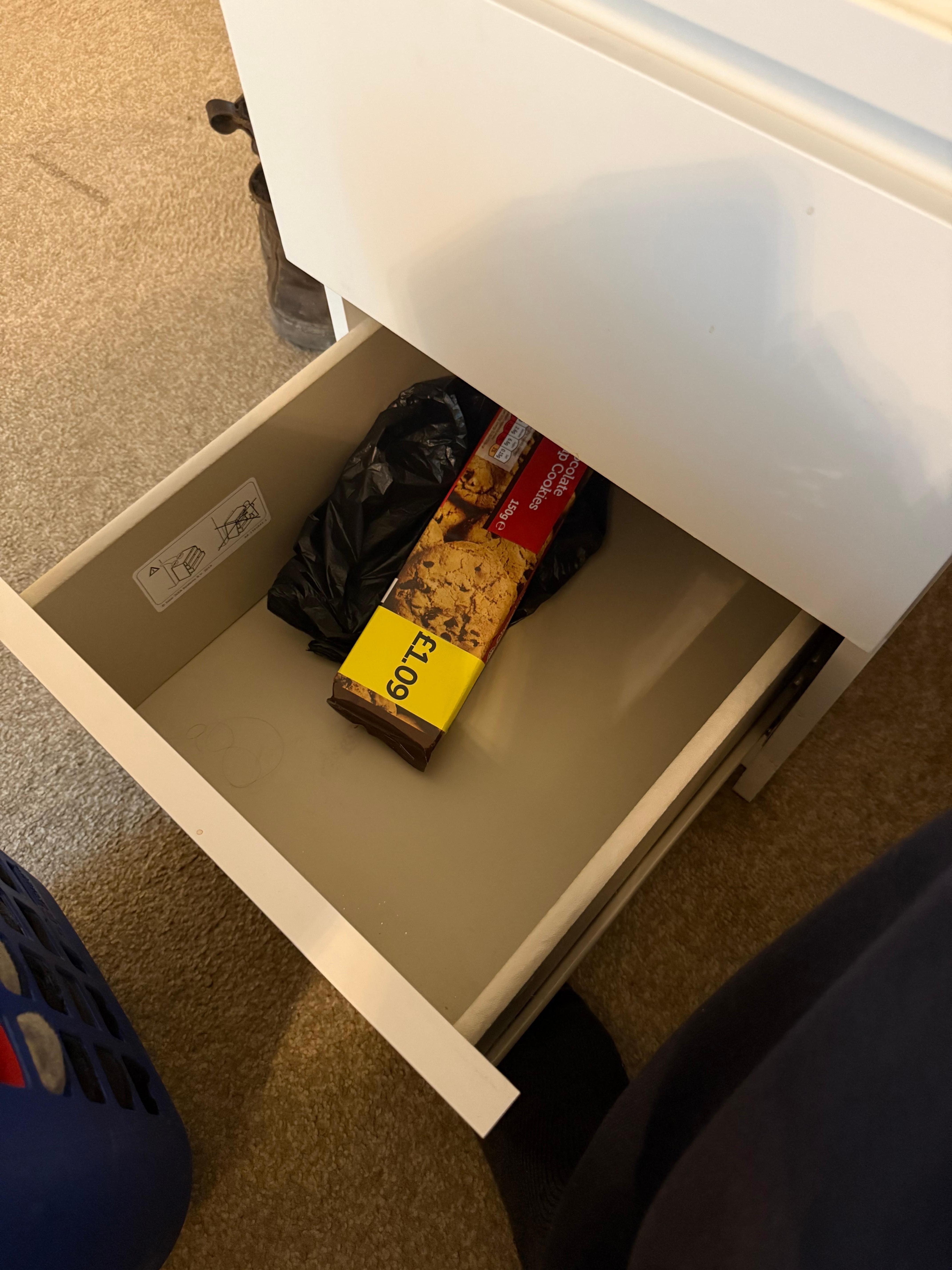 Also found a packet of mouldy biscuits in the drawer unit next to the bed