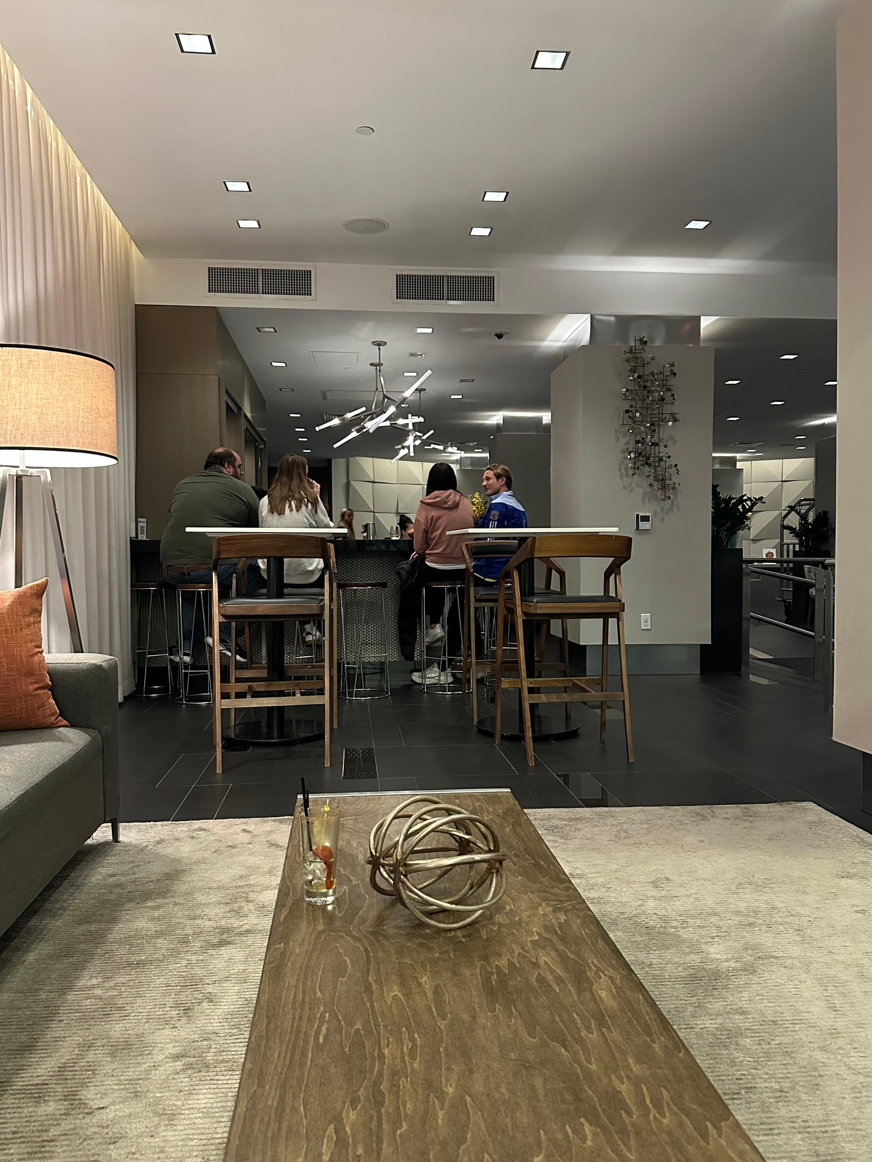 Lobby bar. One complementary drink per night. 