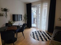Comfortable living room with pullout couch and dining table.