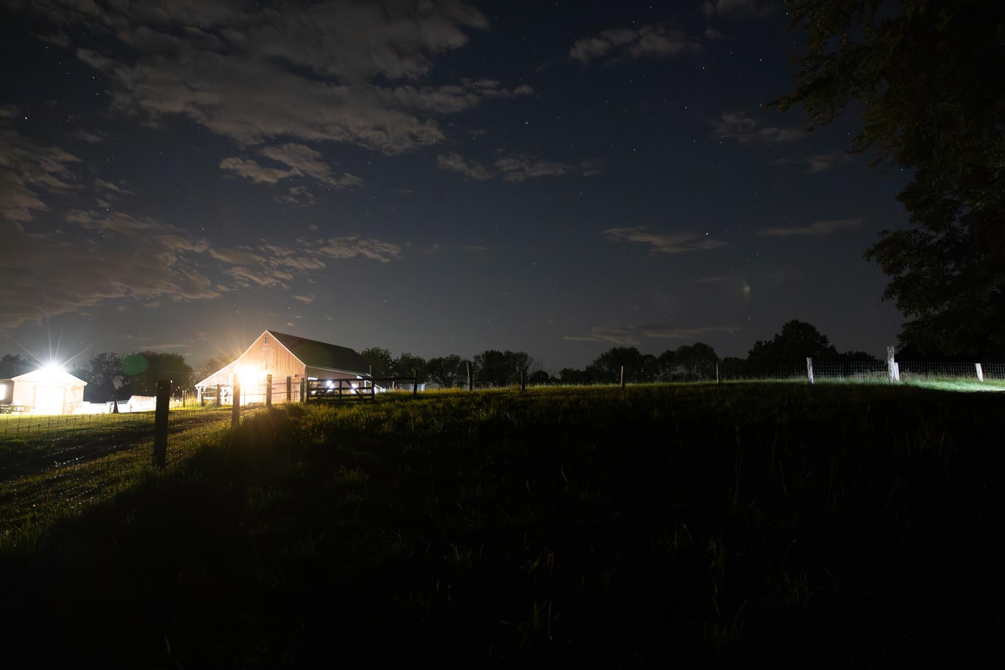 Goat/chicken fields after dark.
