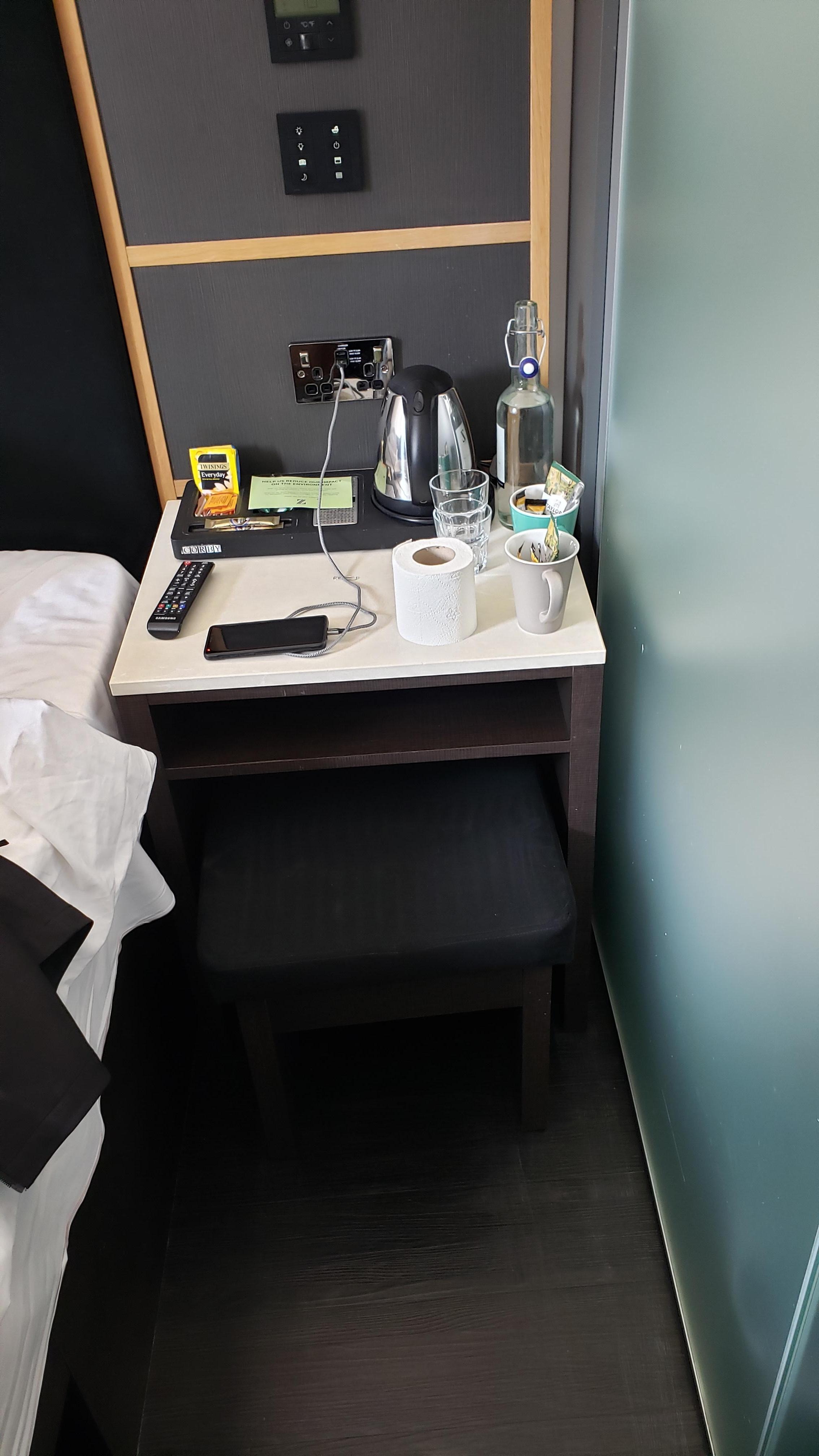 bathroom like in an RV. No counter to place anything.