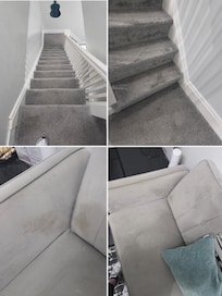 Stains on the wall near the trim. Stains on the carpet and on the couch in multiple areas.