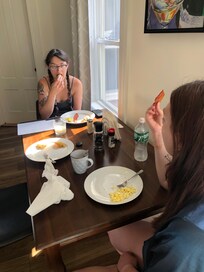 Comfortable eating space and lots of helpful cooking essentials!