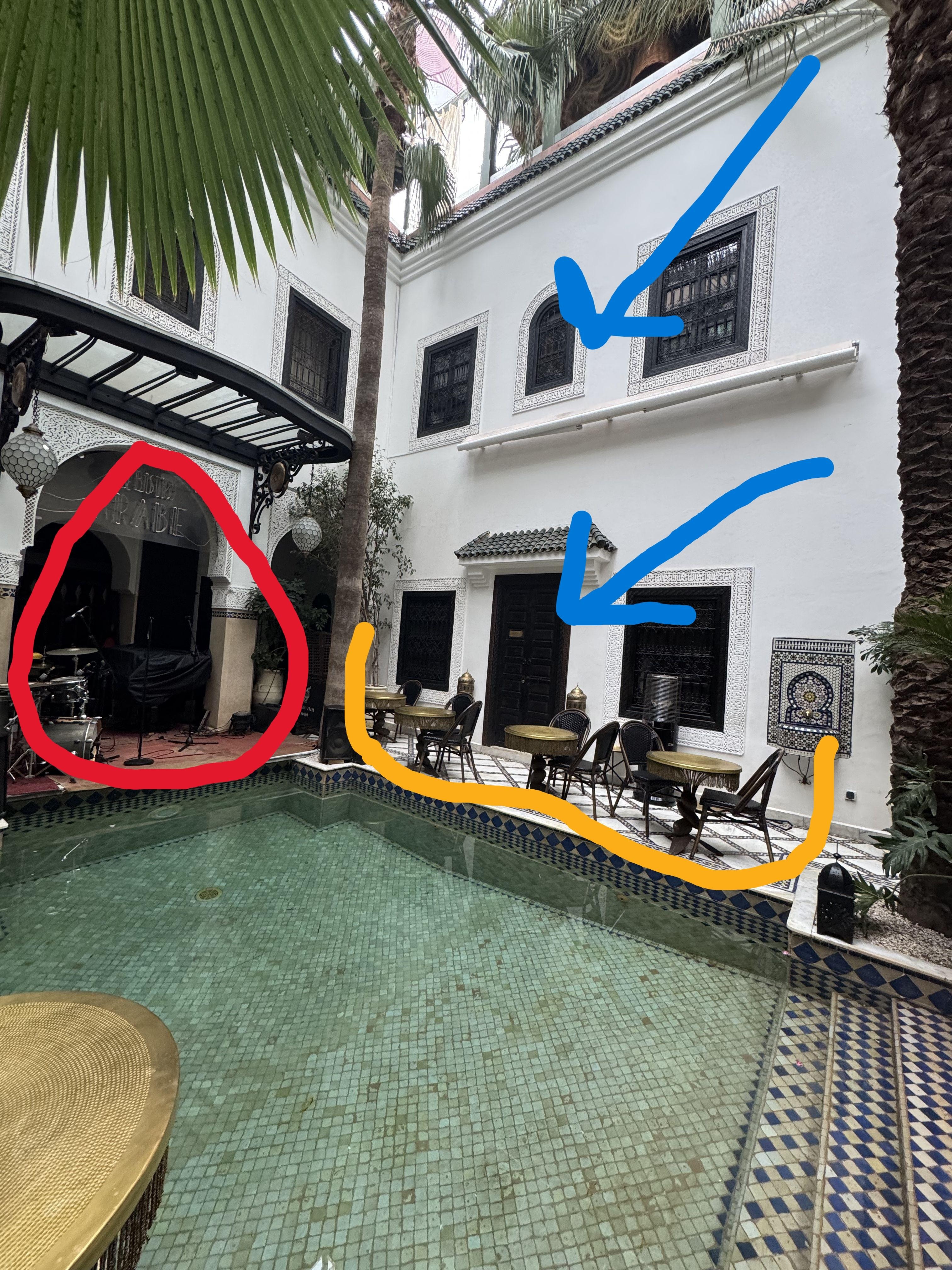 The red mark is the band area.  The blue arrows were our rooms.  The yellow shows seating right outside the door.  The room names are Sultan and Caliph.