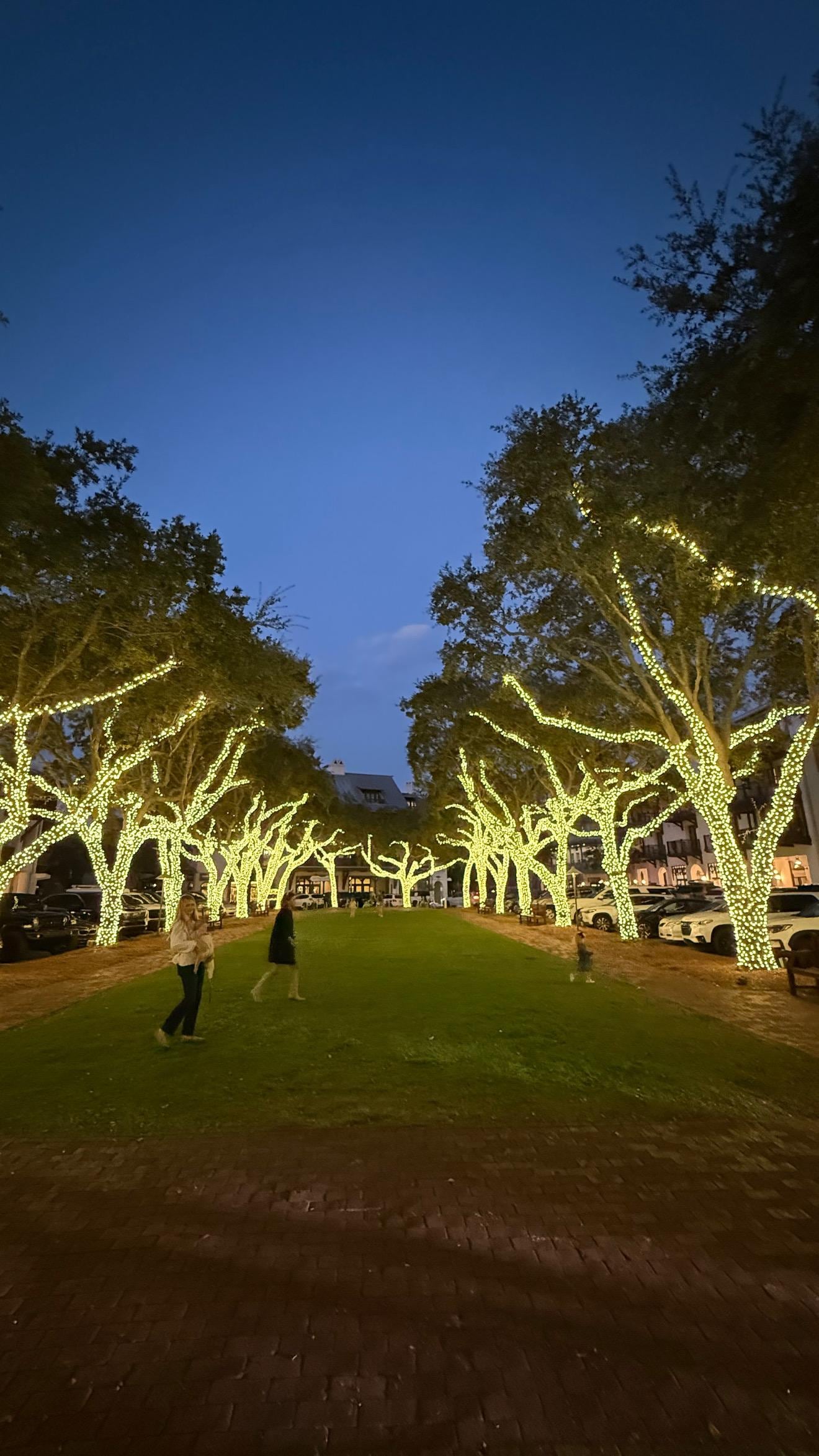 Holiday lights in the square in front of the property