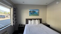 Small and minimalist, with 3 fluffy pillows! Bed was a firm supportive type. The window opened up for fresh Tahoe air!