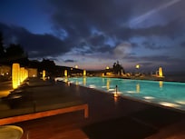 Pool view from restaurant at night
