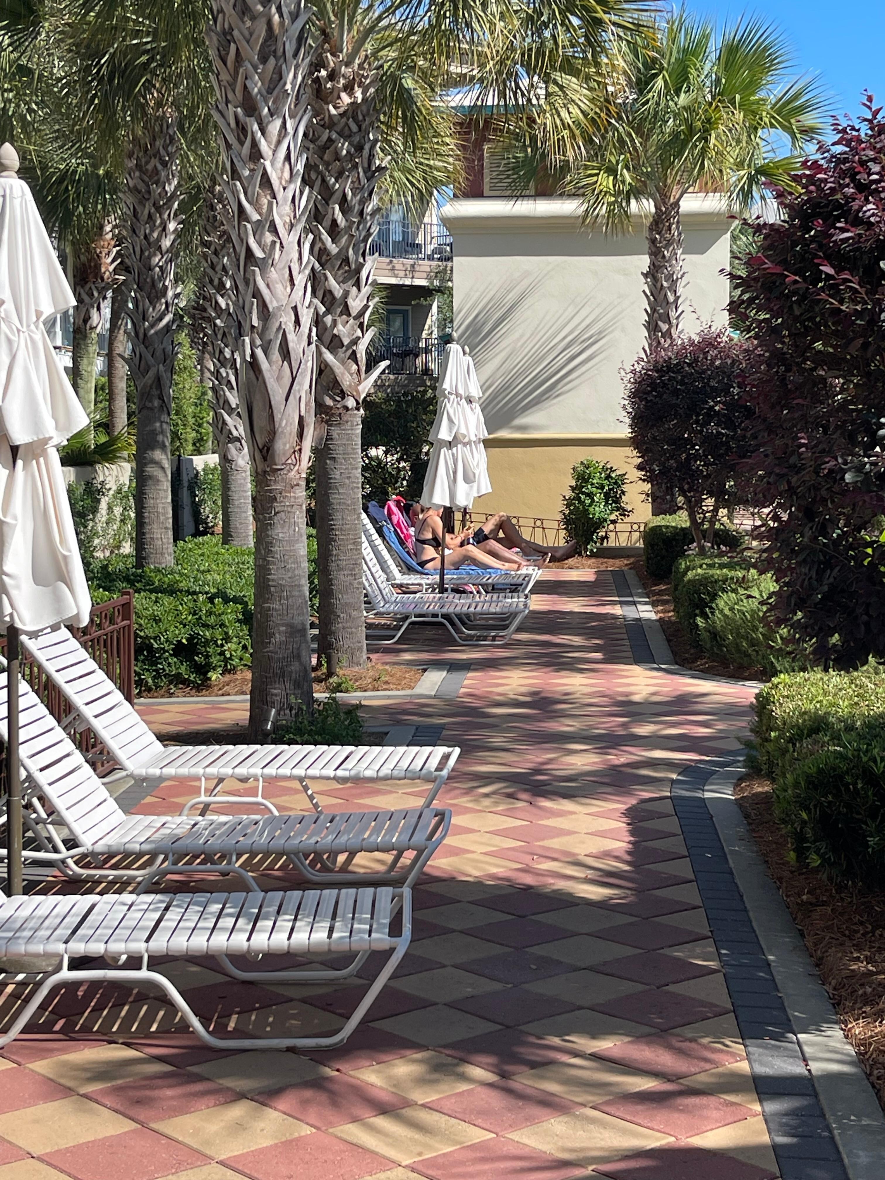 Pool lounge chairs right outside the house. 