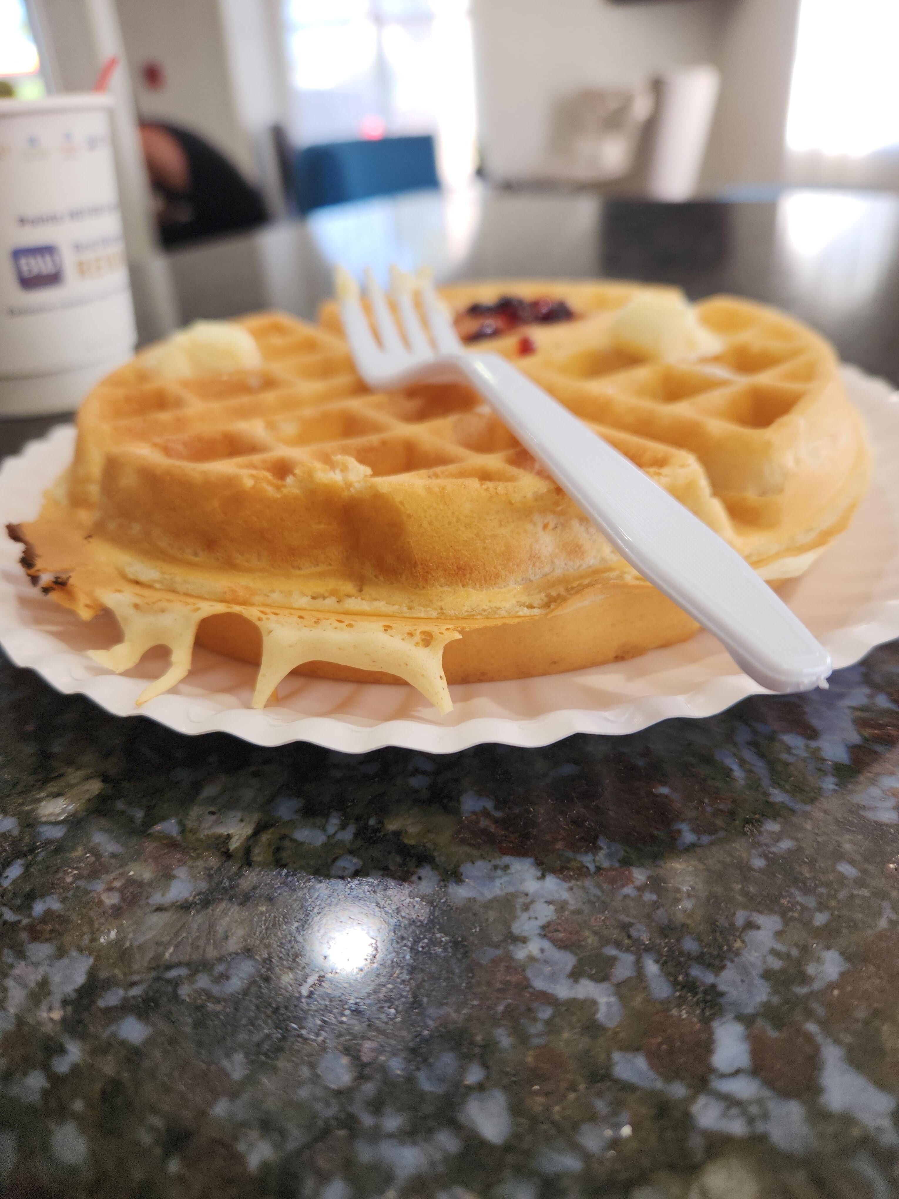 Self made waffles for breakfast. They had biscuits, muffins, cereal, toast, and yogurt also. 