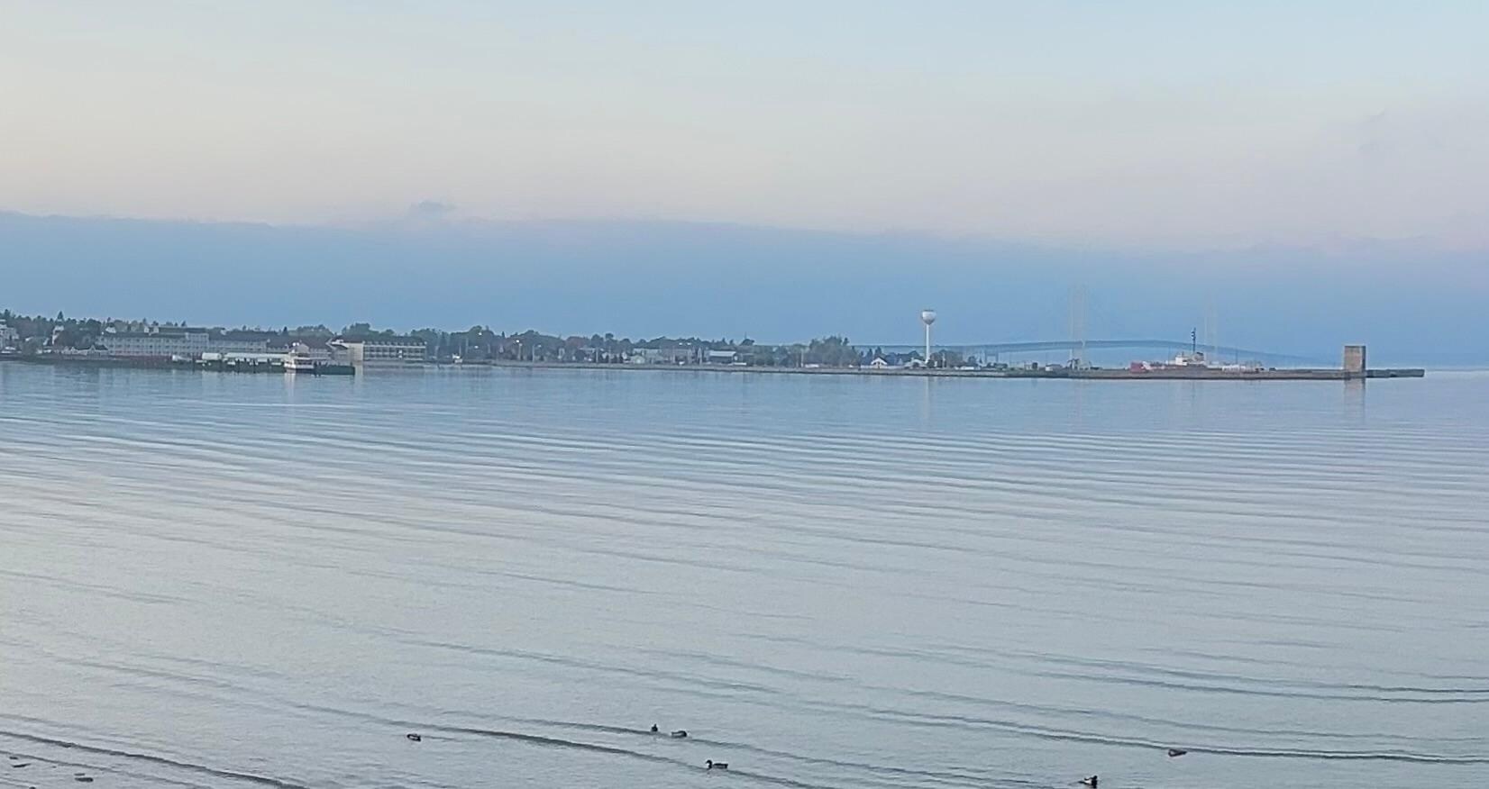 View of the Mackinac bridge from our chairs in front of fire
