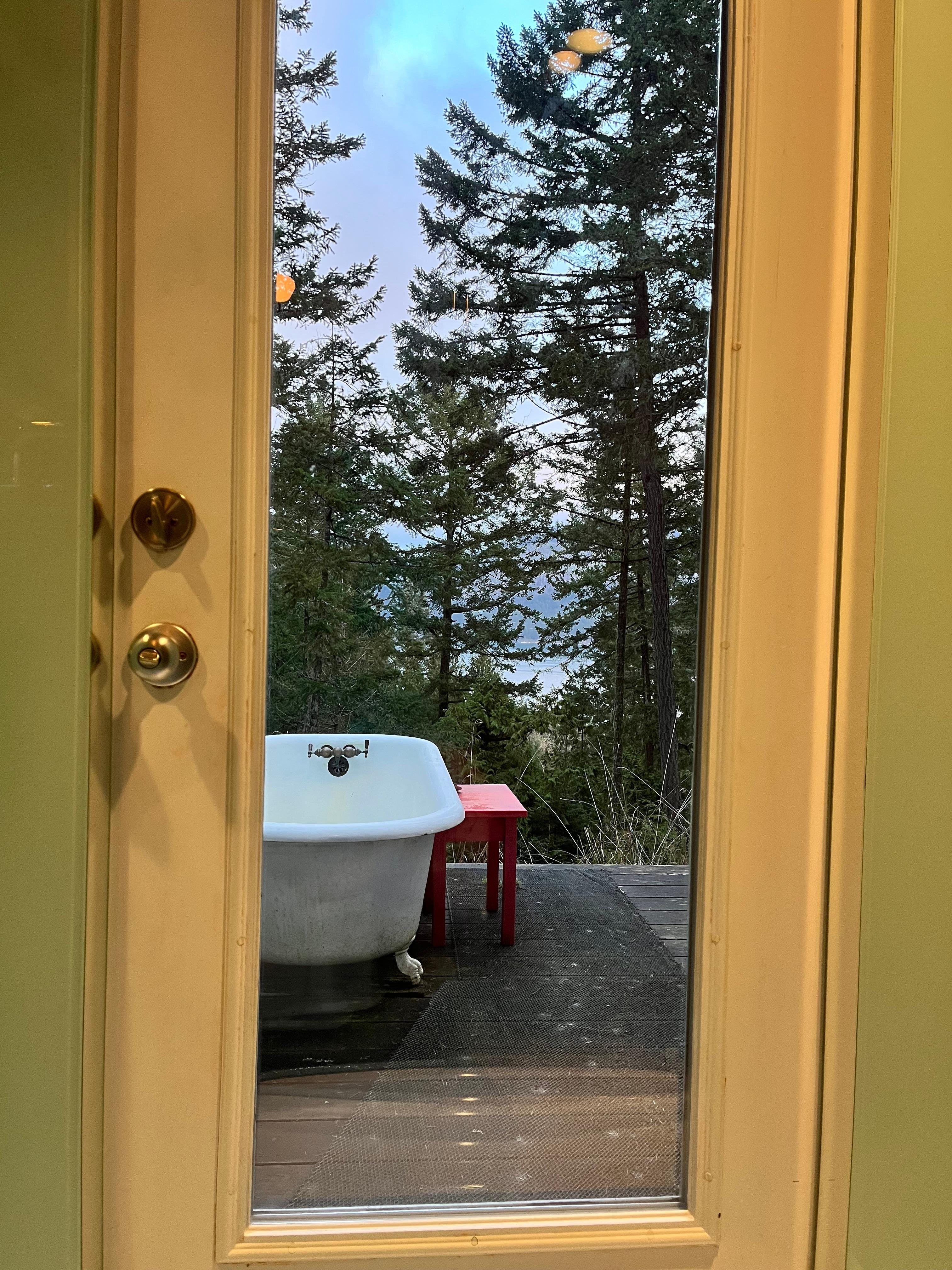 View from the shower. The outside tub was disconnected due to freezing temperatures but I was cozy and warm inside with the rain shower.