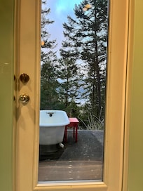 View from the shower. The outside tub was disconnected due to freezing temperatures but I was cozy and warm inside with the rain shower.