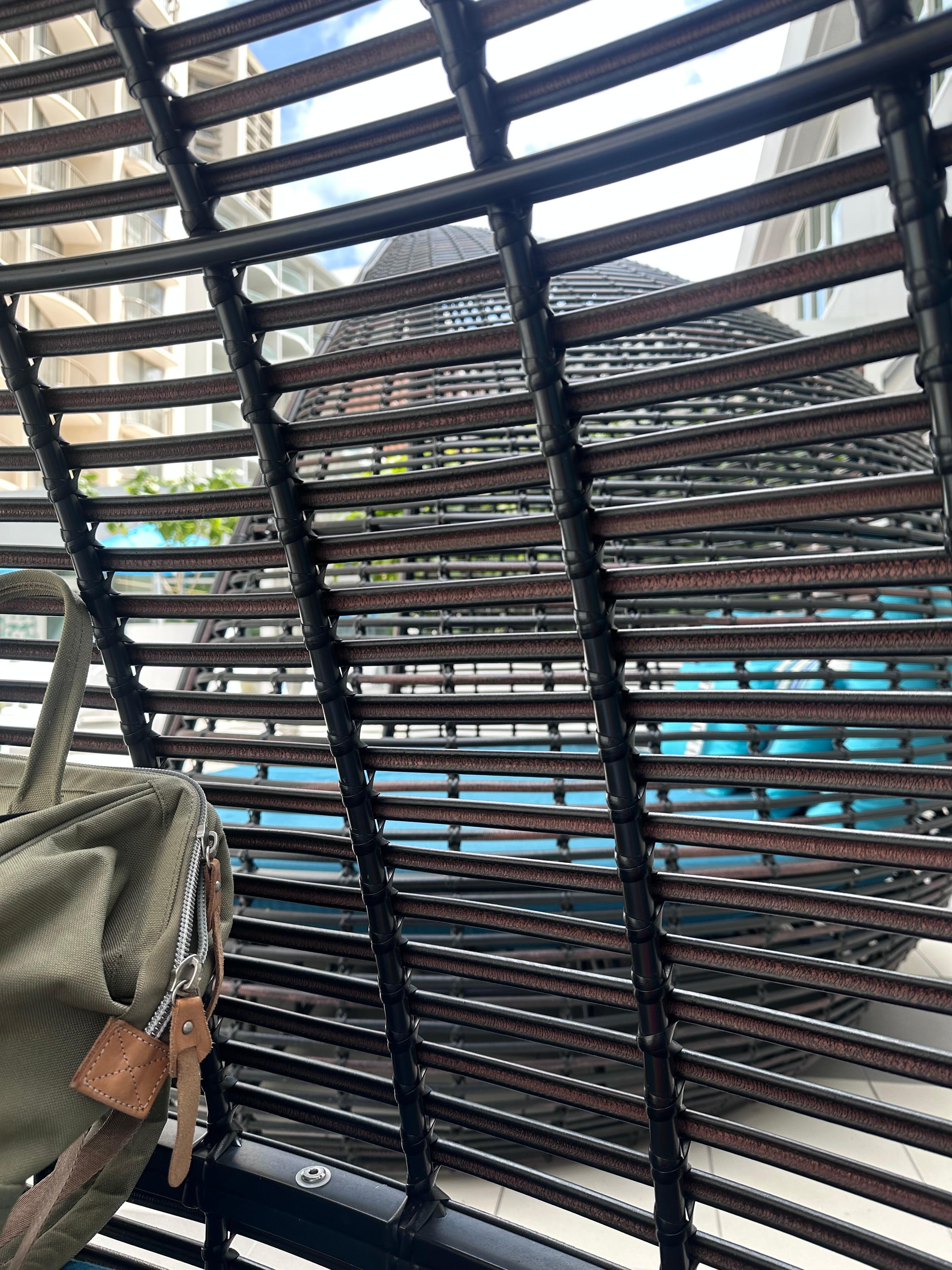 Inside blue pool lounger with view of lounger next to it