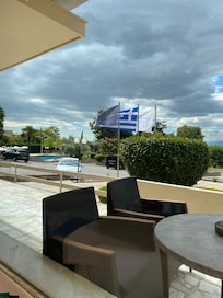 Restaurant patio overlooking the outdoor pool
