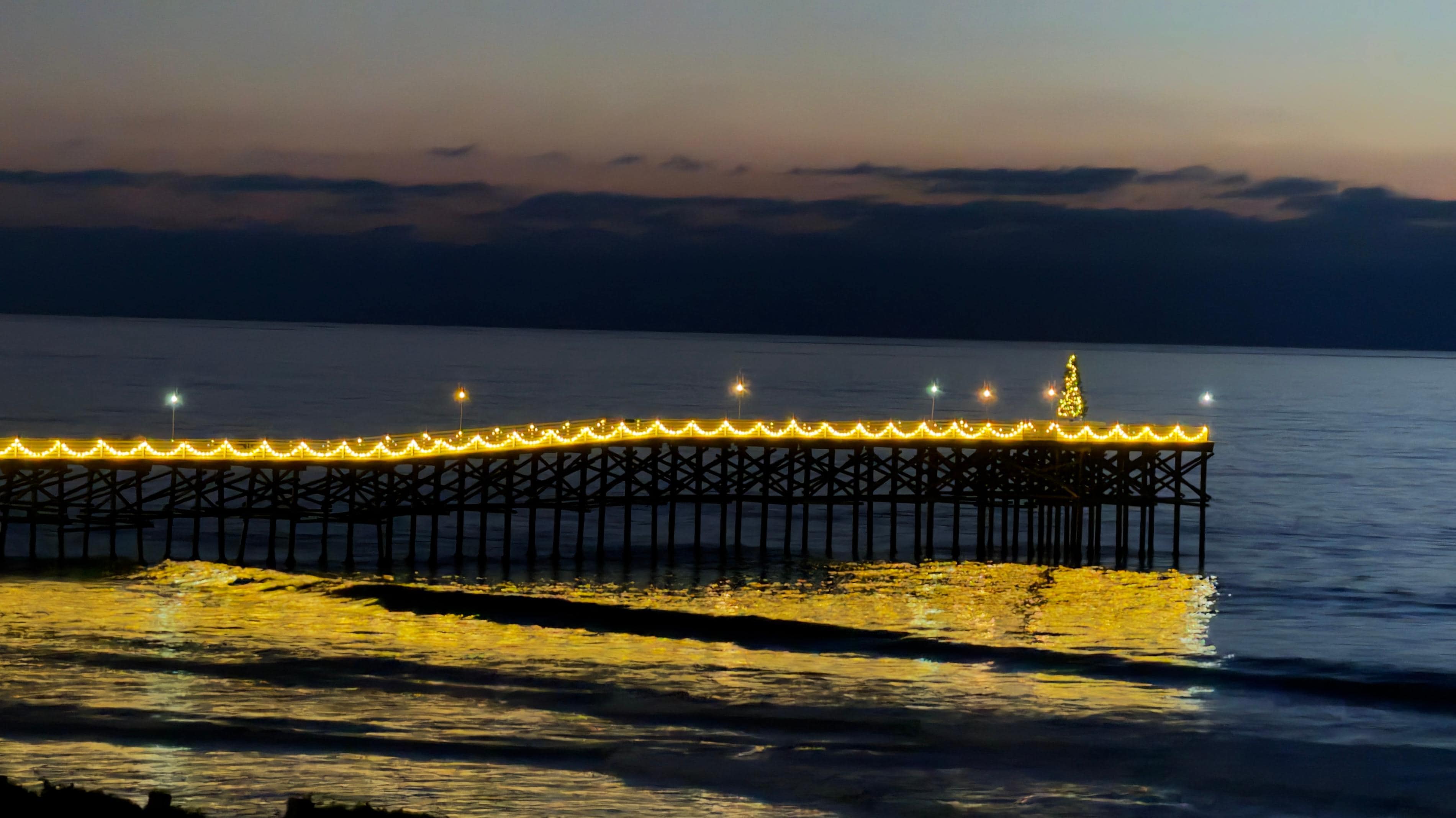 Crystal Pier dressed up for the holidays. (Taken from the front window)