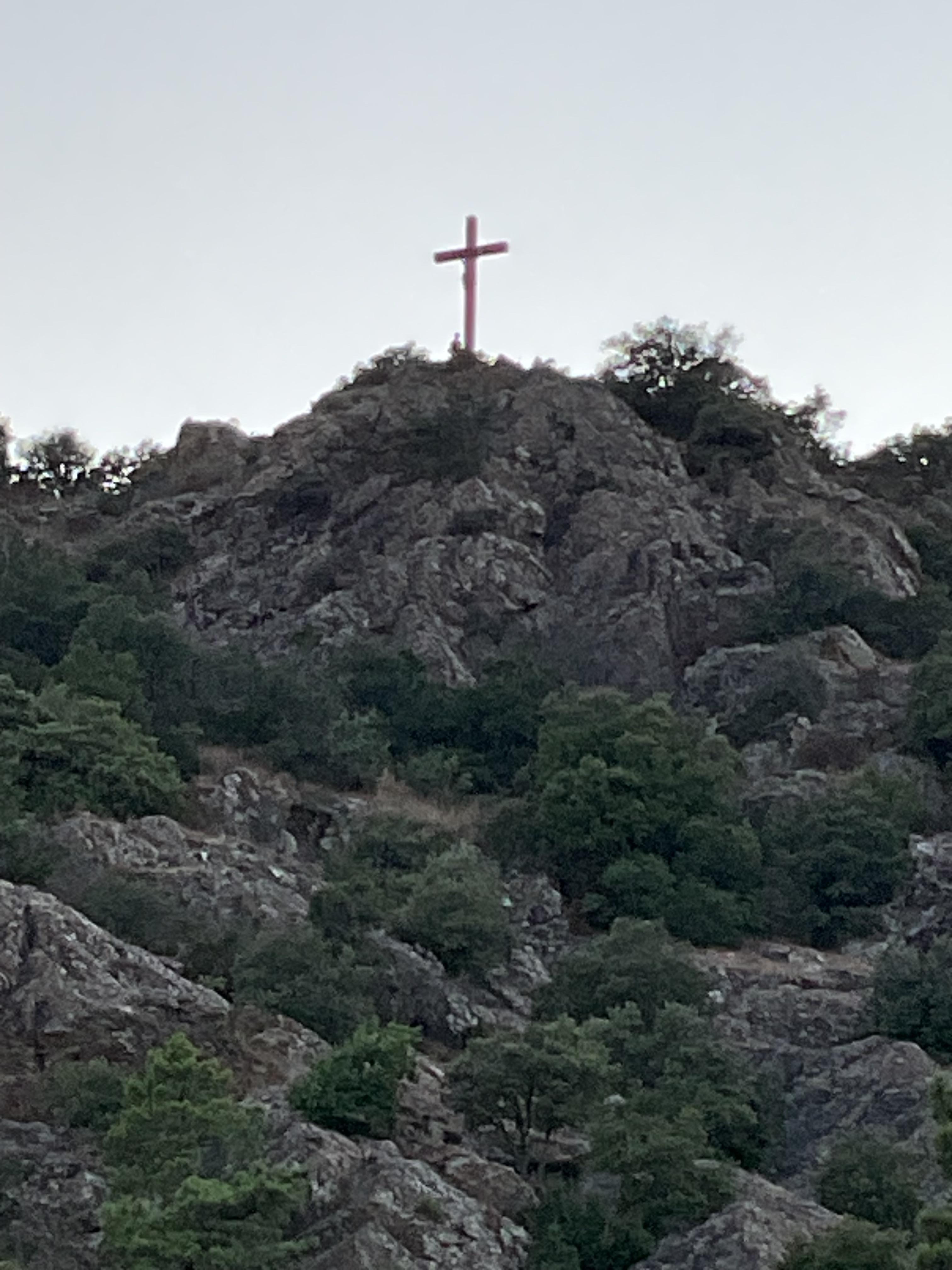 Up at the statue after a climb