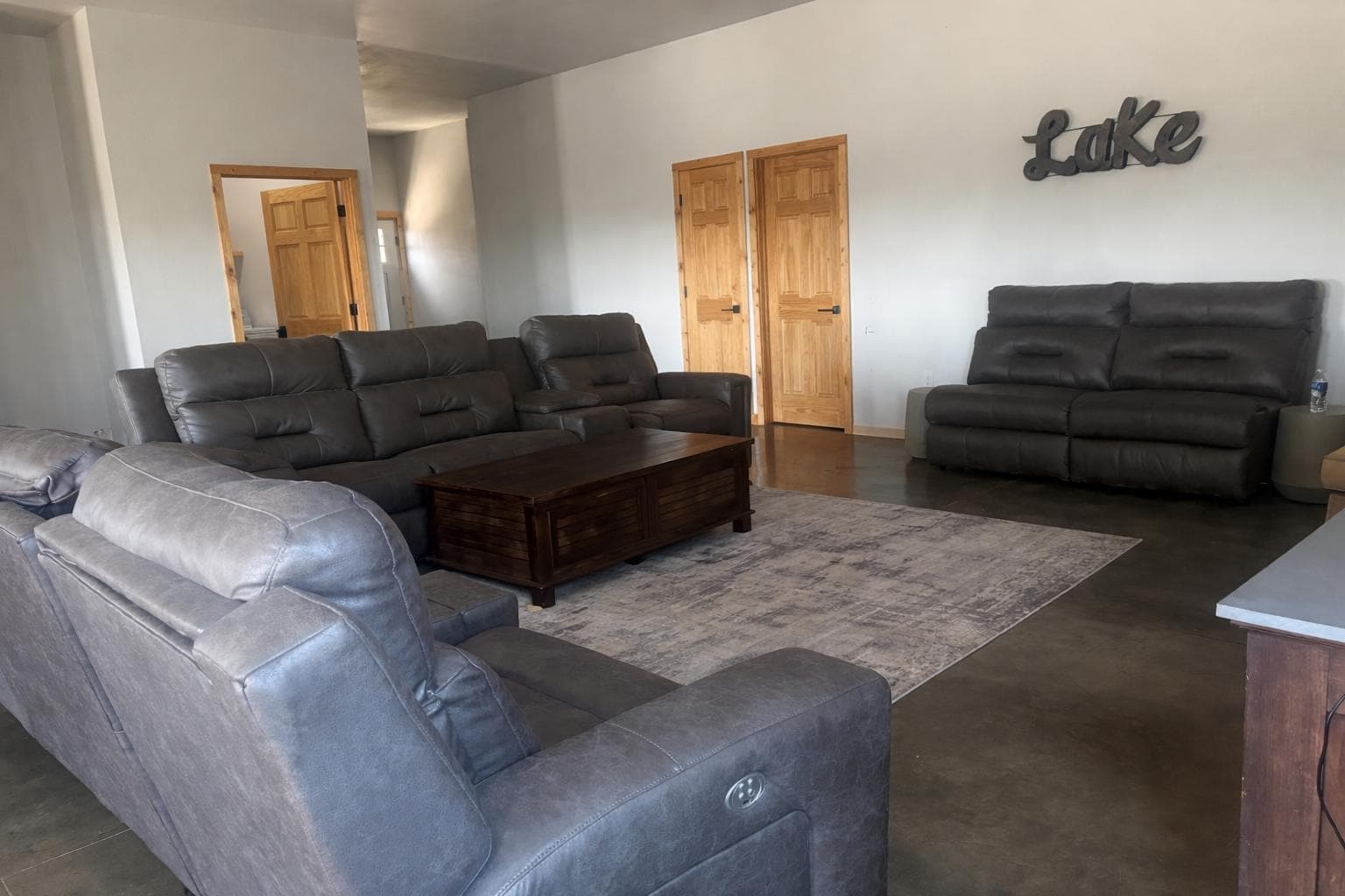 Wide open space and kid proof without lamps and breakable decor. 