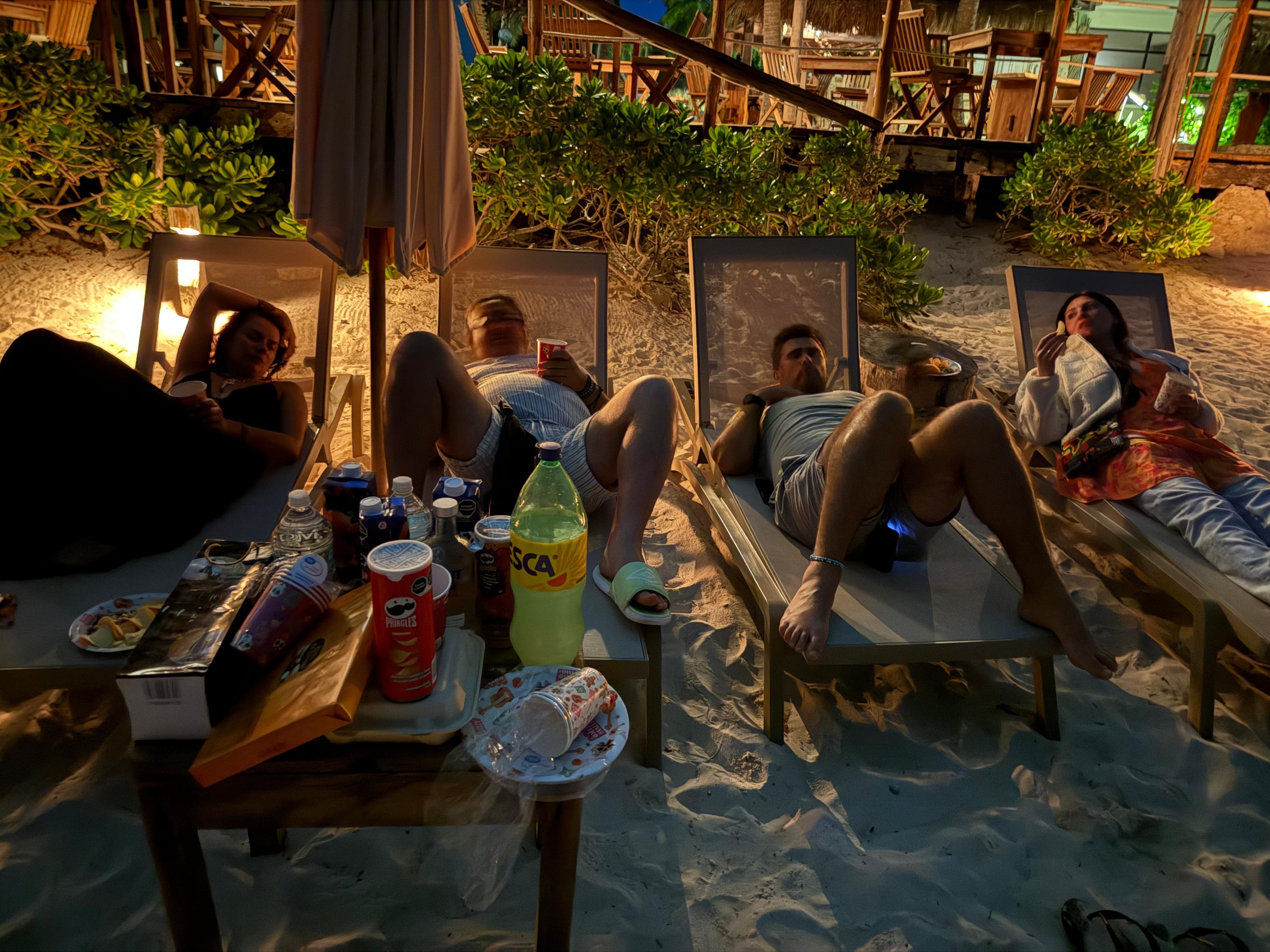 Night out at beach front with snacks from 7/11