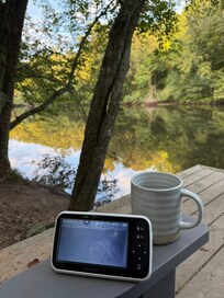 The baby monitor and a cup of coffee on the deck in the morning!