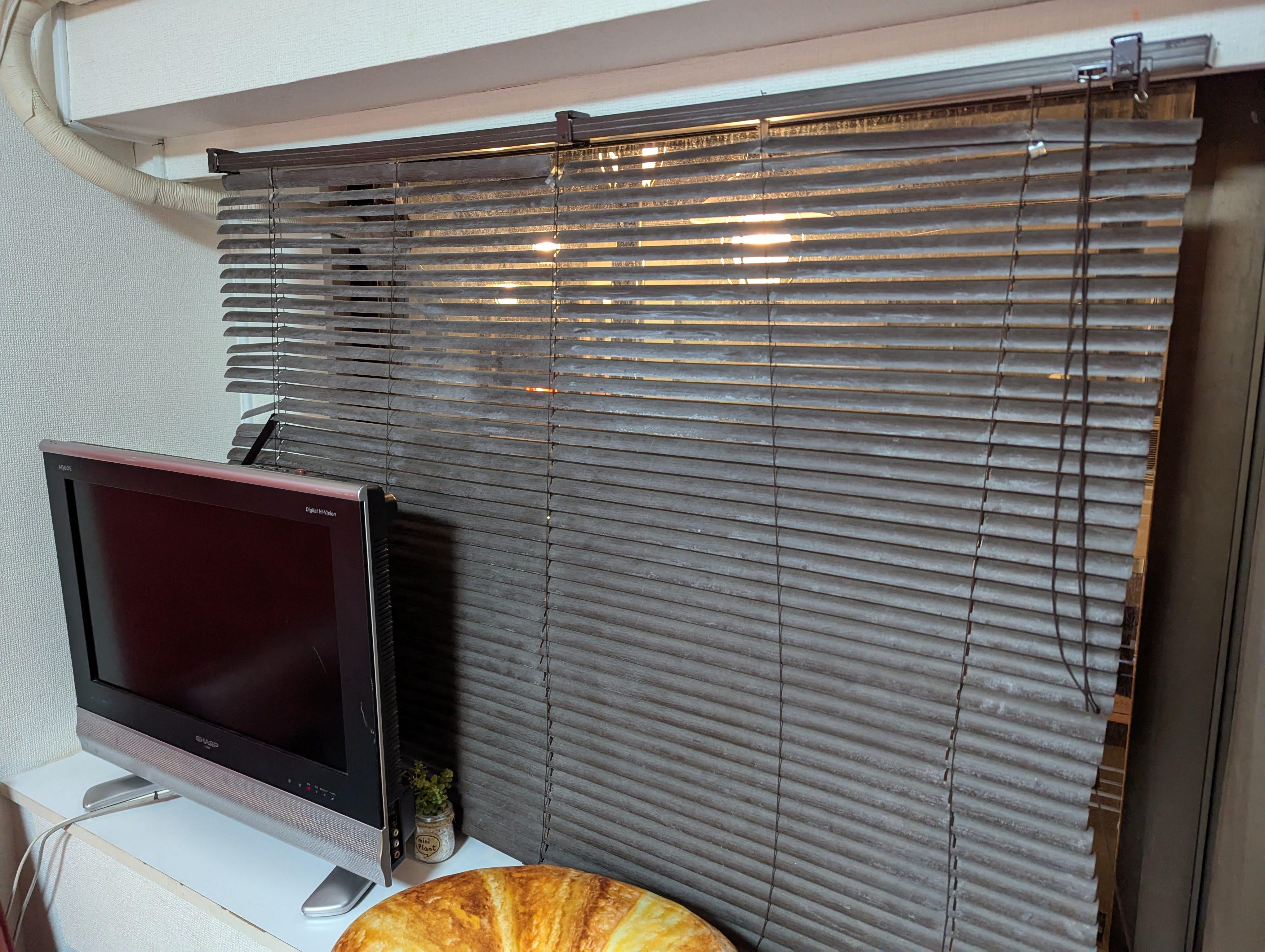 The street light is just outside the window. The shabby blinds do nothing to keep the light out at night.