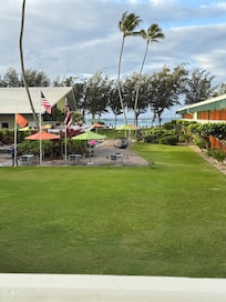 View of the ocean and hotel grounds from our lanai.
