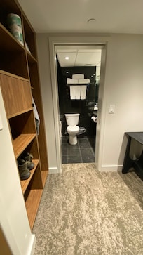 There was a safe in the brown cupboards on the left and two bathroom