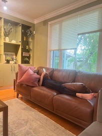 The living room is so comfortable and nicely decorated, perfect for relaxing in after a busy day.