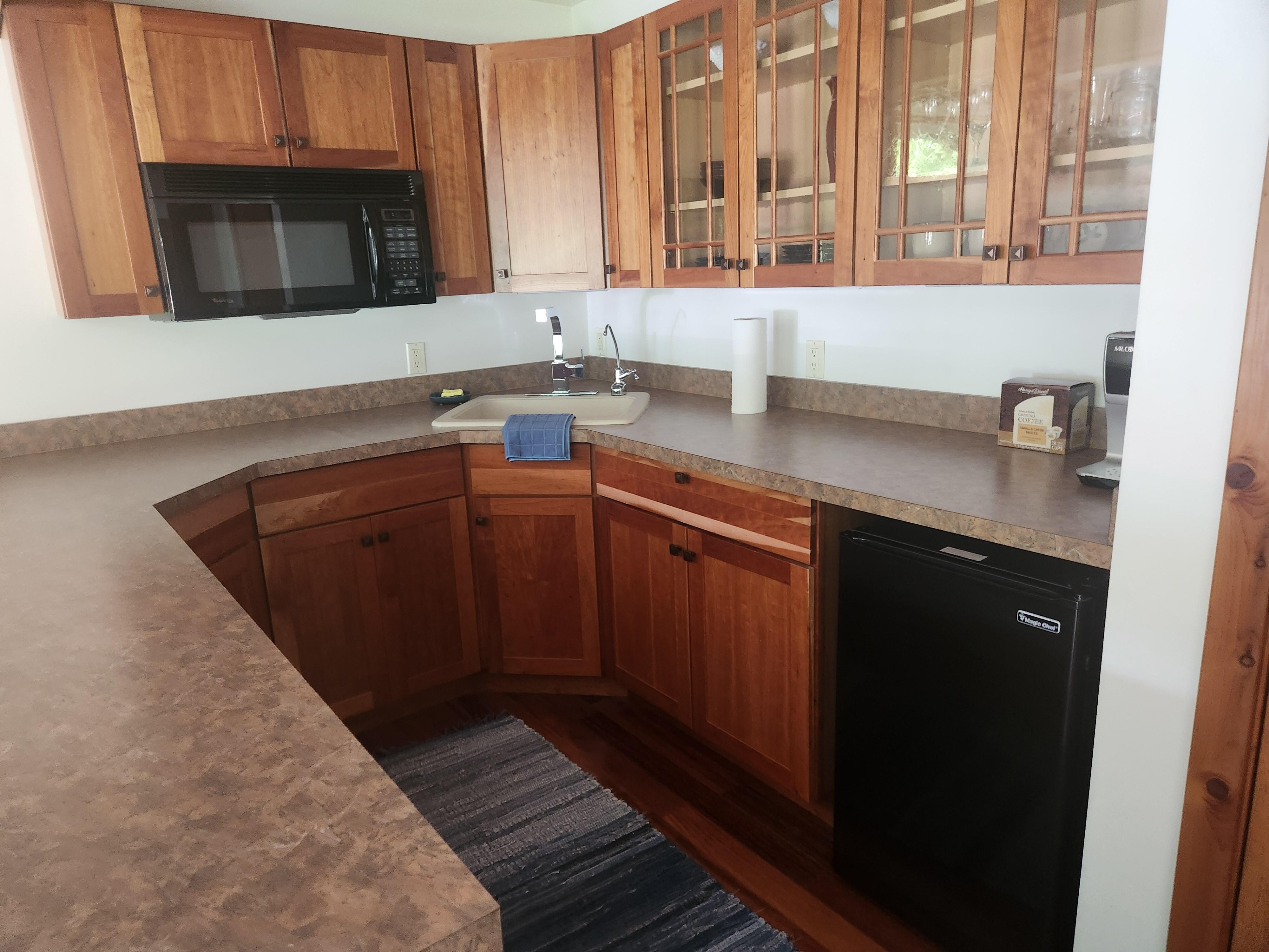 Kitchen with mini fridge and microwave
