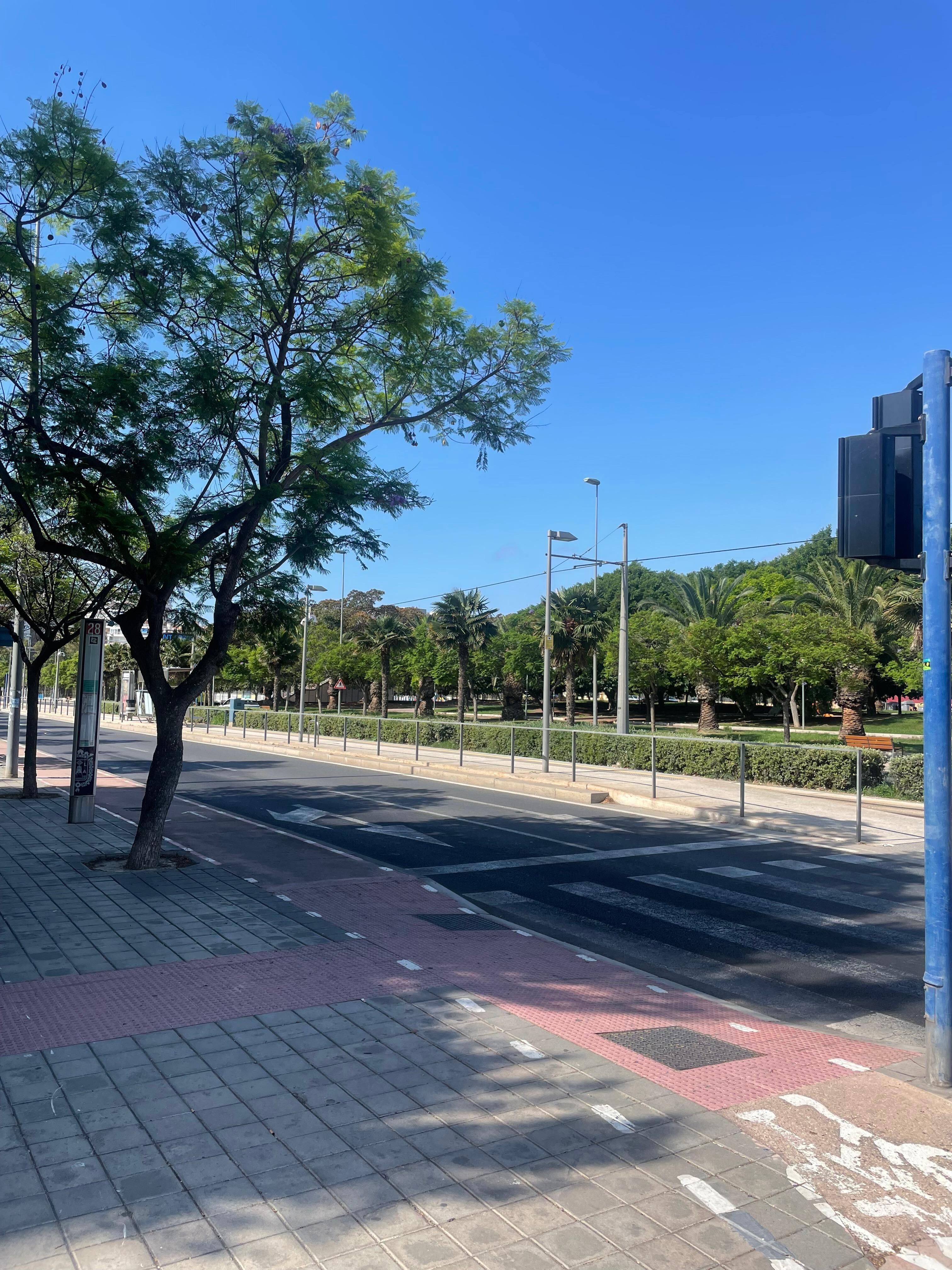 Outside the hotel on the short, safe, quiet walk to the tram