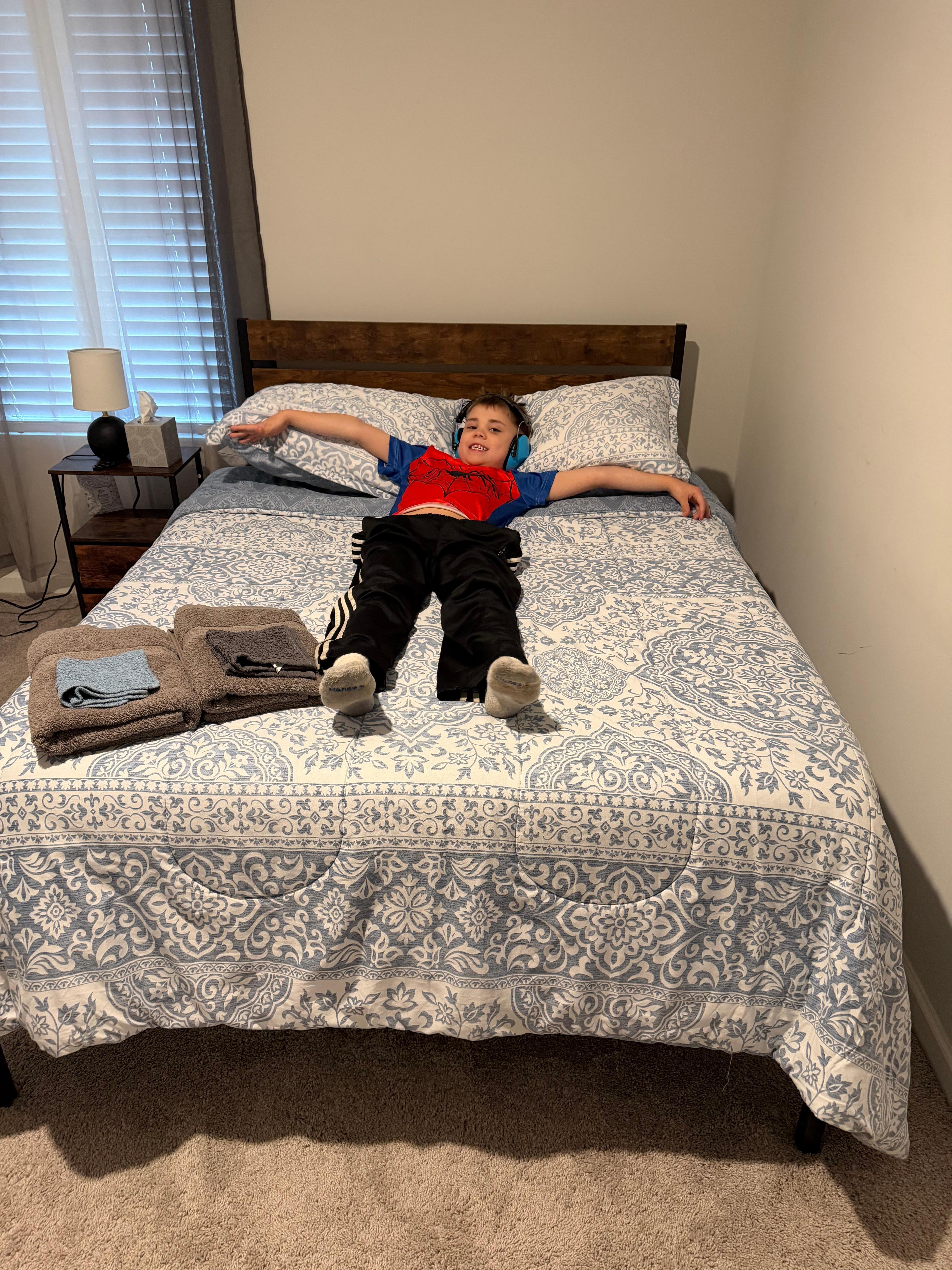 My son was very happy to climb in bed after a long day of road tripping and was quite comfortable! 