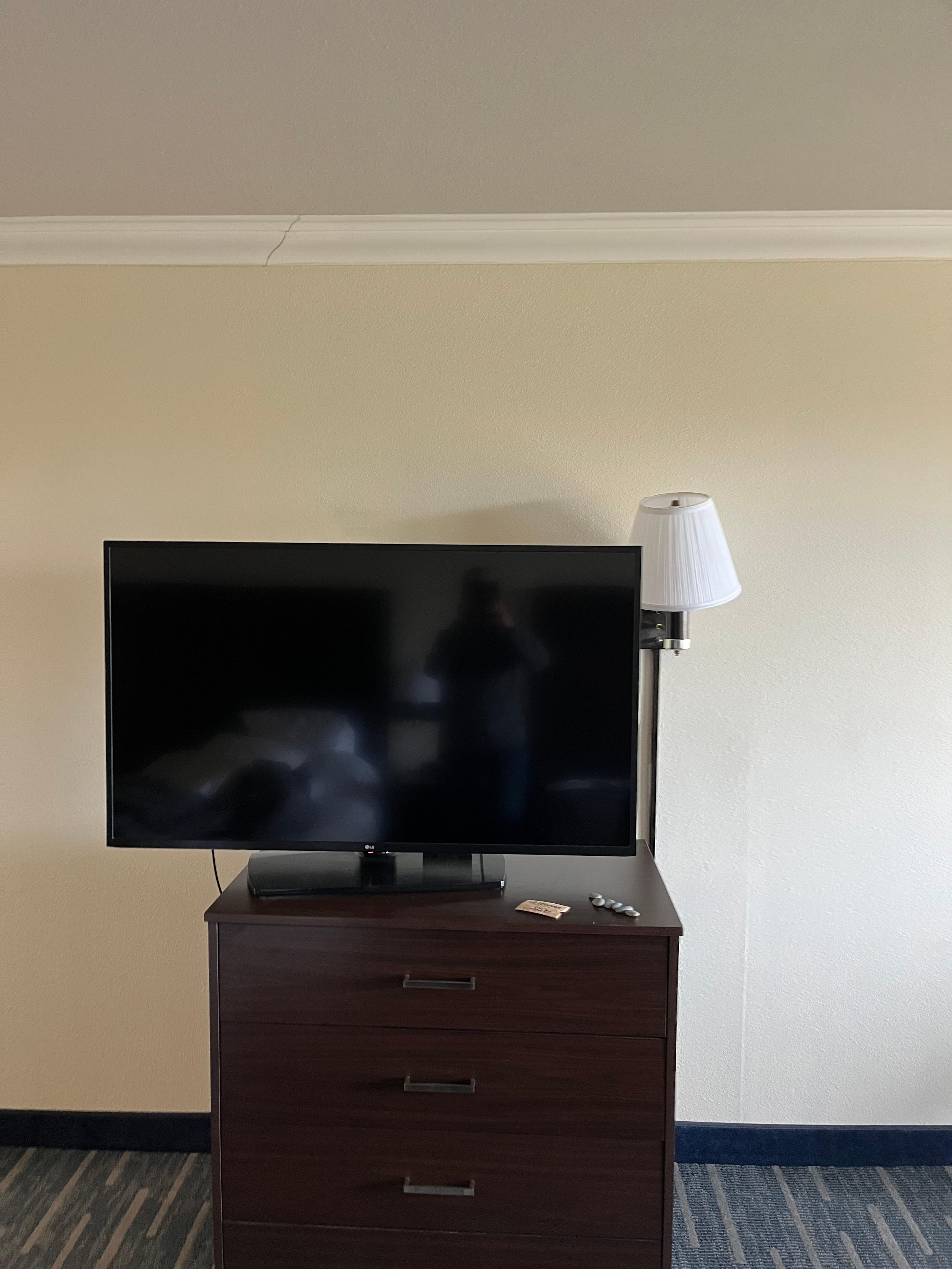 Tv was infringe of the lamp so I had to move it to be able to see it on the couch. Also it didn’t work well I had to tighten the cords that helped but the picture kept going out. 