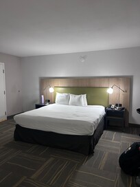 4 very small standard size pillows on a king size bed. also, there was one other lamp in the room, and that was about it for lighting.