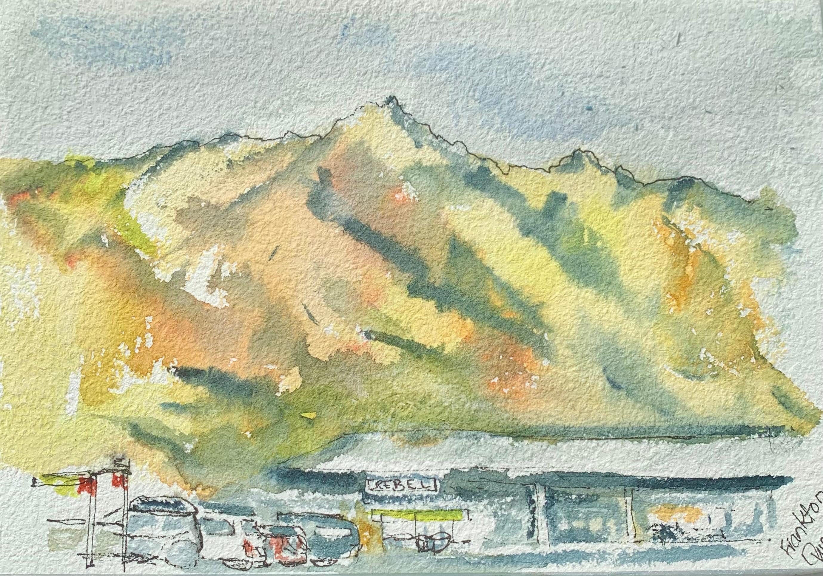 My little watercolour from the carpark outside the Sufism hotel.