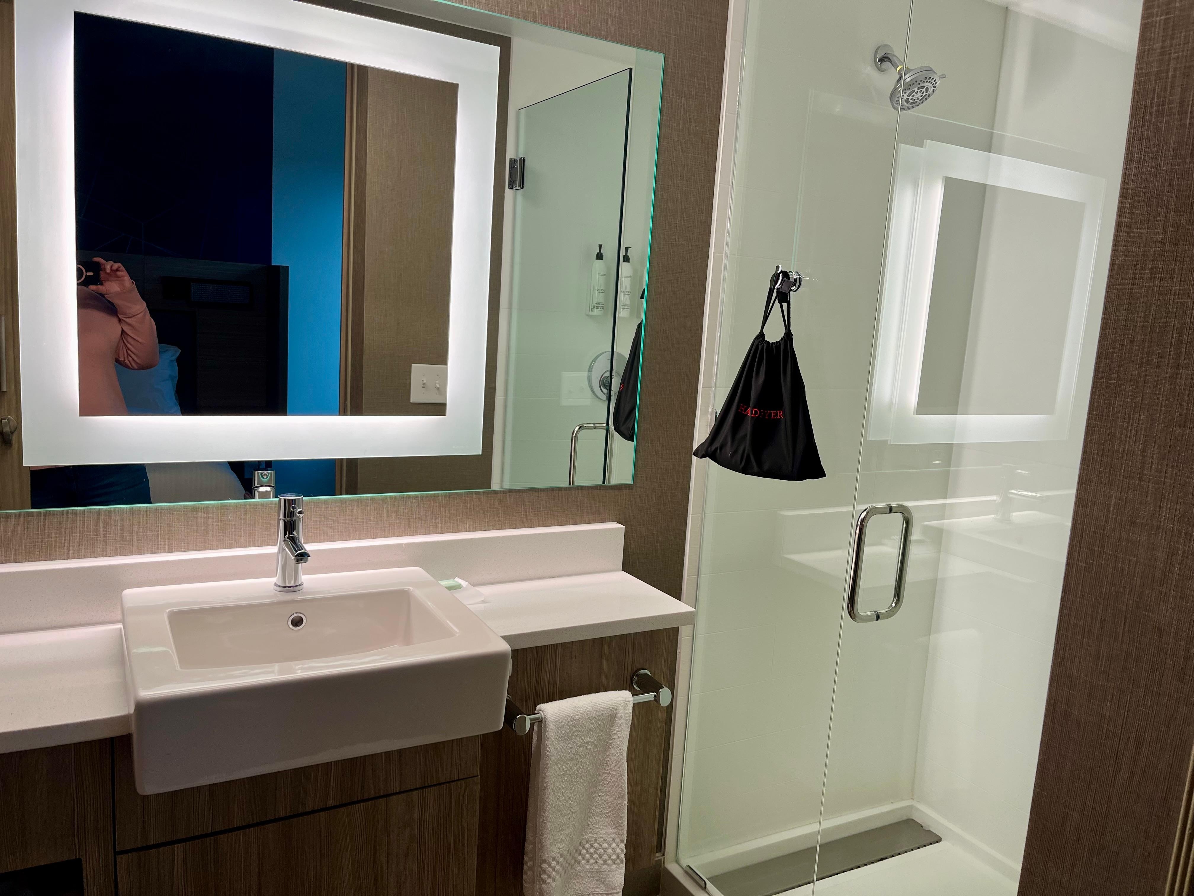 Great lighting in bathroom, clean roomy stand up shower 