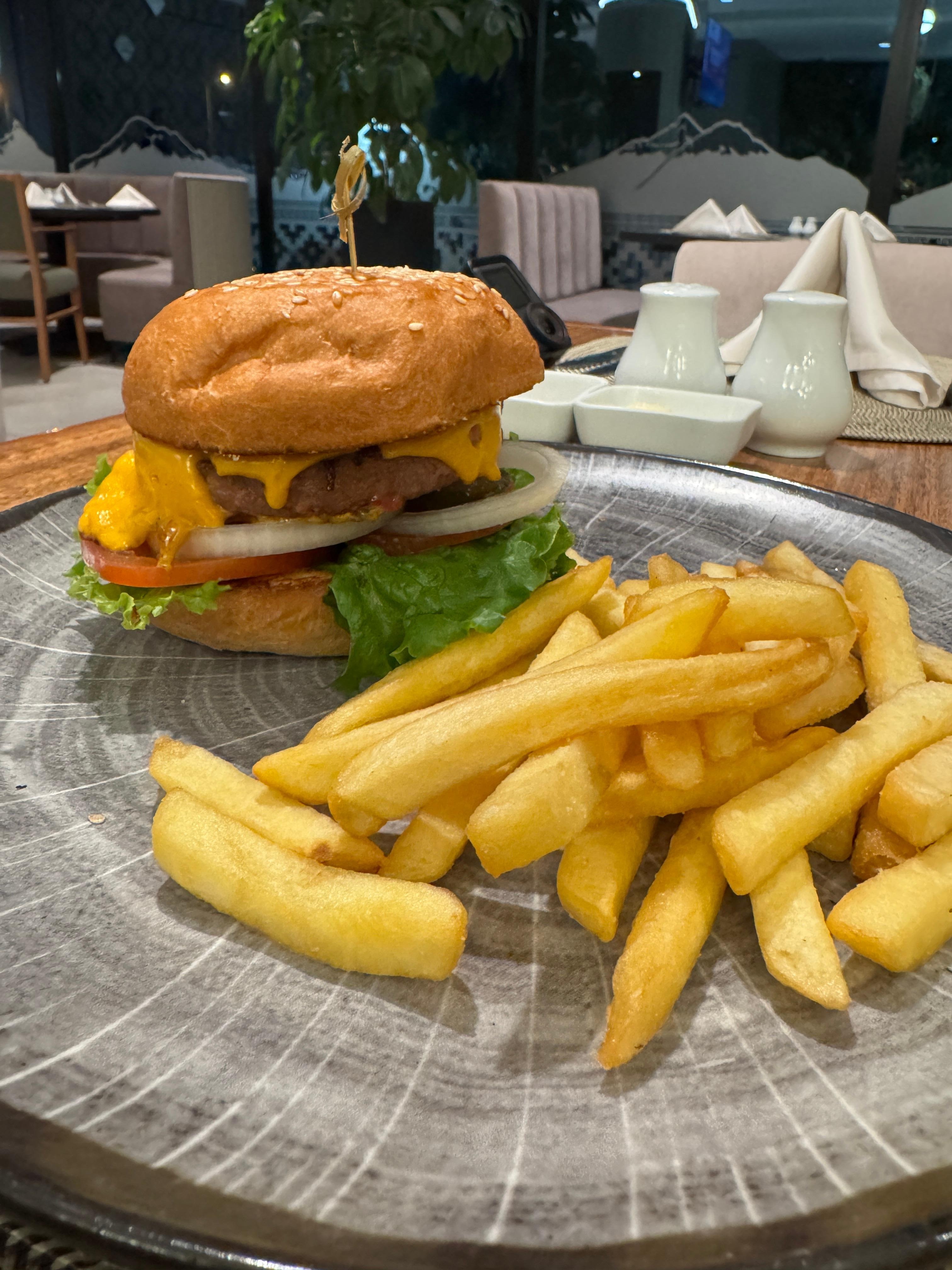 Plant-based burger and fries.