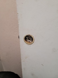 Bathroom door knob missing. Filthy door.