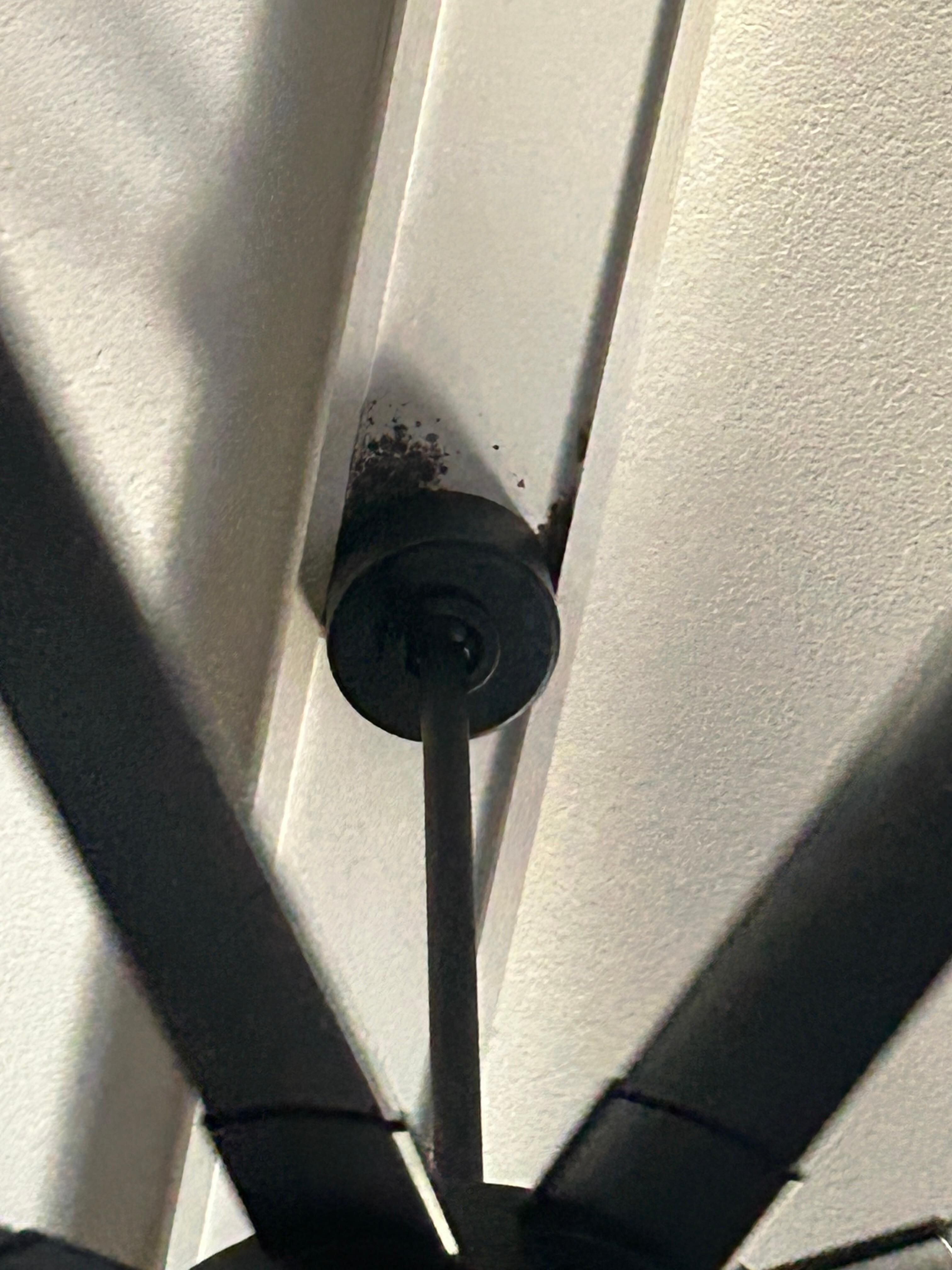 Ceiling fan in living room and what appears to be mold 