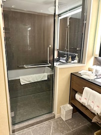 Bathtub/shower area with separate sink, ample counter space.
