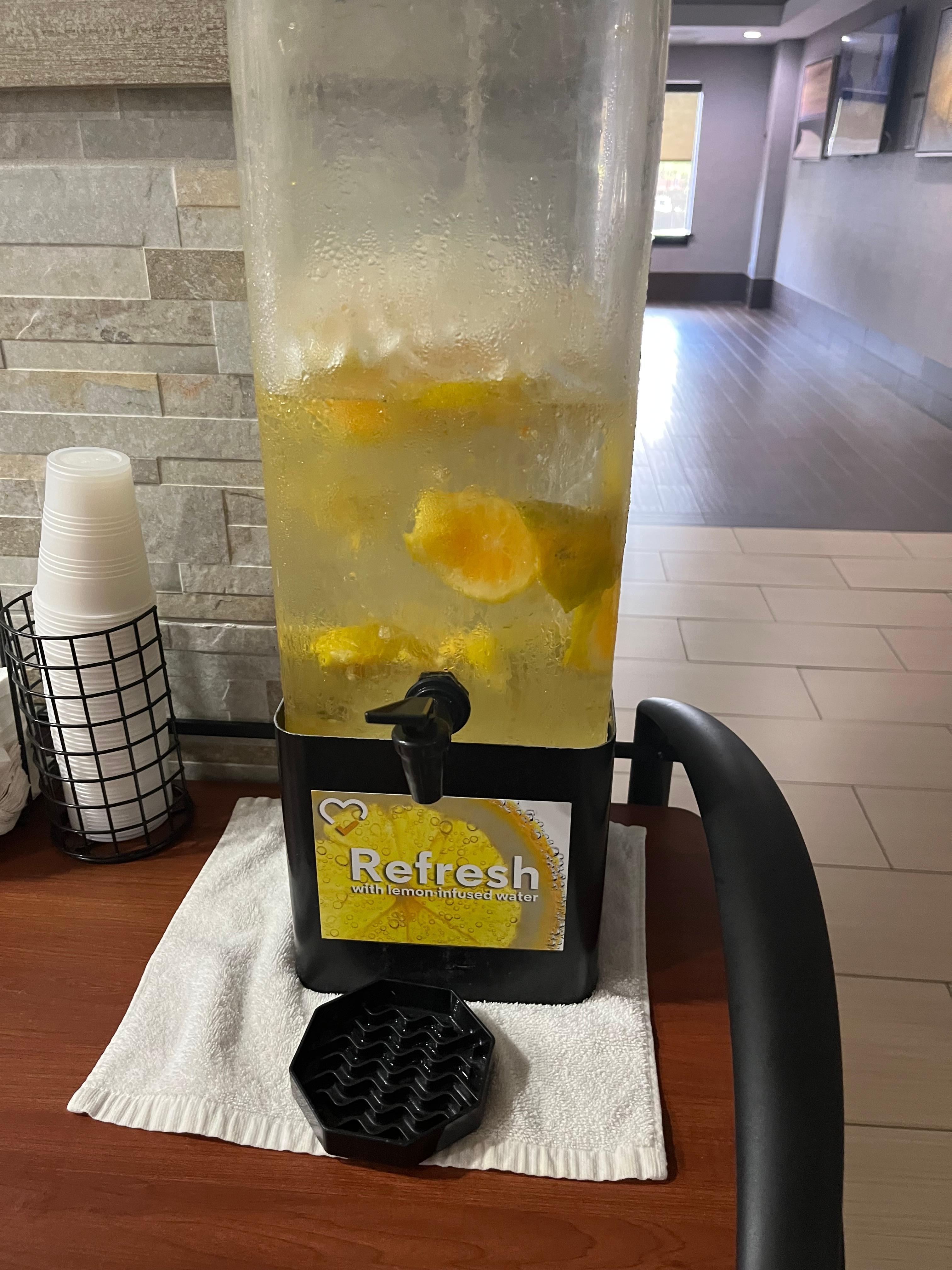 Fresh citrus water offered in the lobby.
