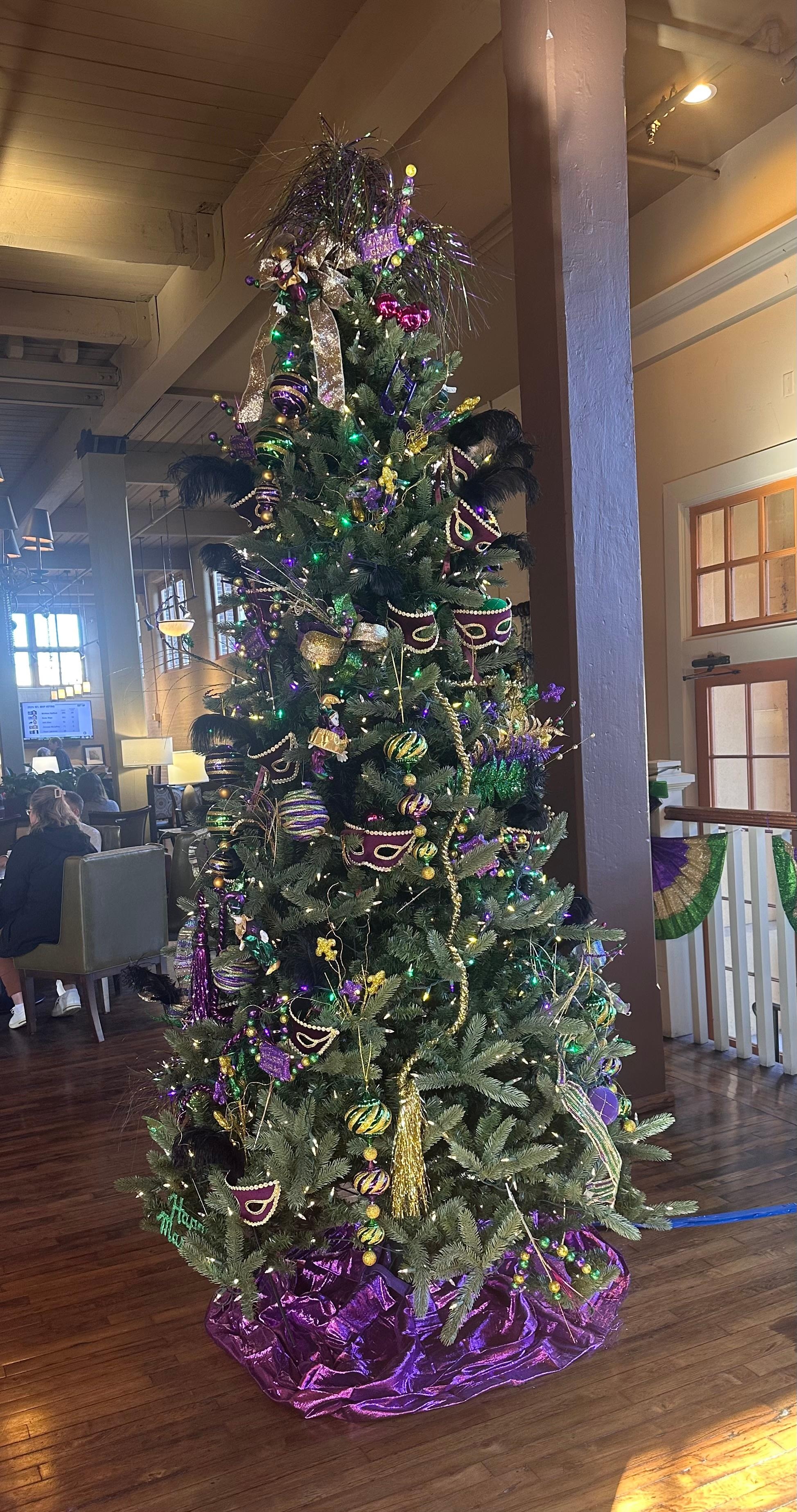 Mardi Gras tree in lobby.