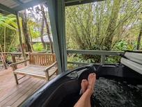 Hot tub under gazebo surrounded by rain forest.
