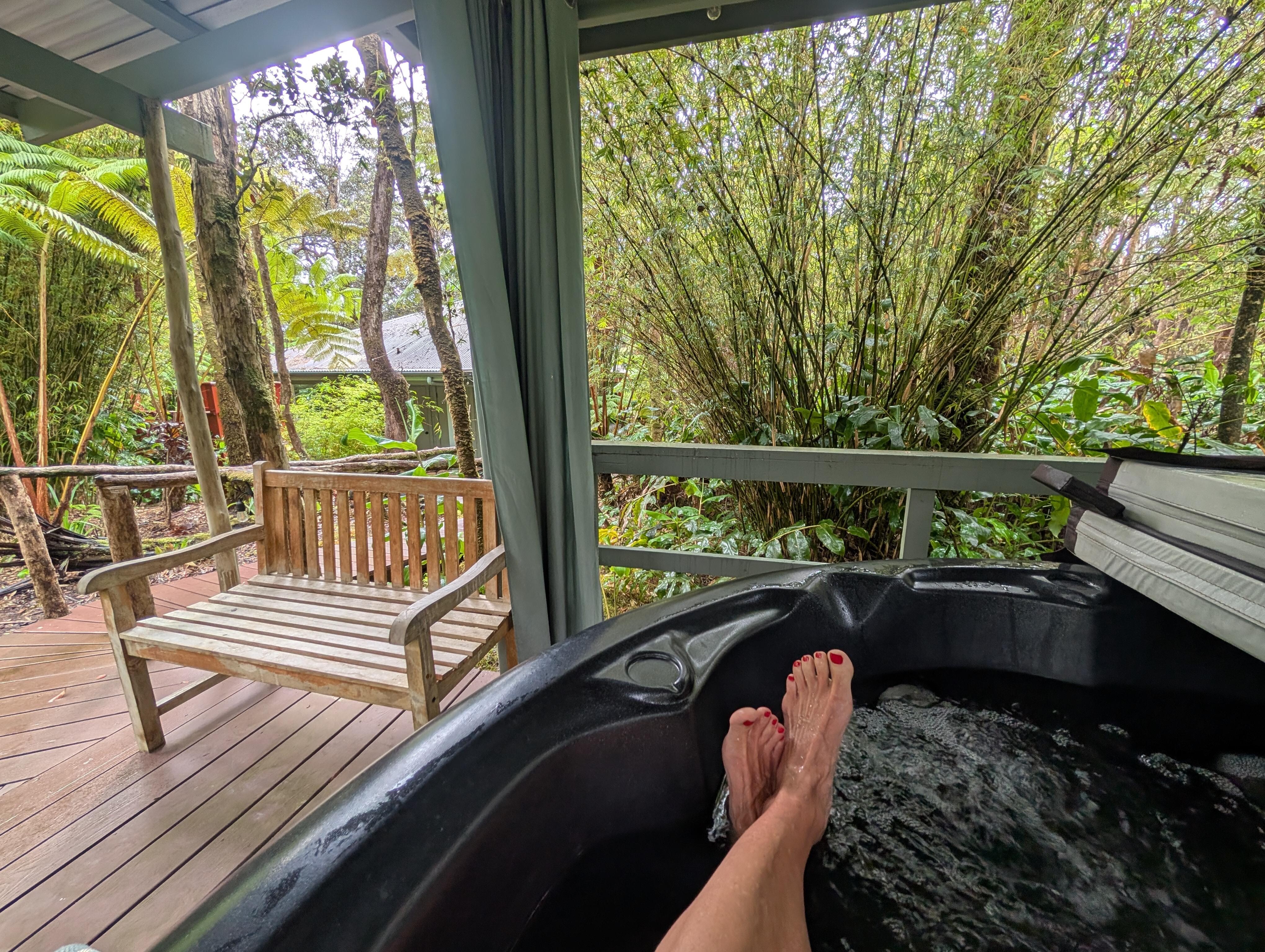 Hot tub under gazebo surrounded by rain forest.