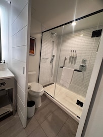 Step in shower and separate sink area.