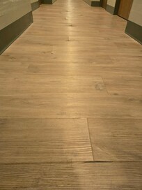 The laminate flooring raveling throughout the hallway.