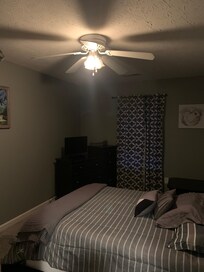 The room I slept in with only one working bulb in the fan.